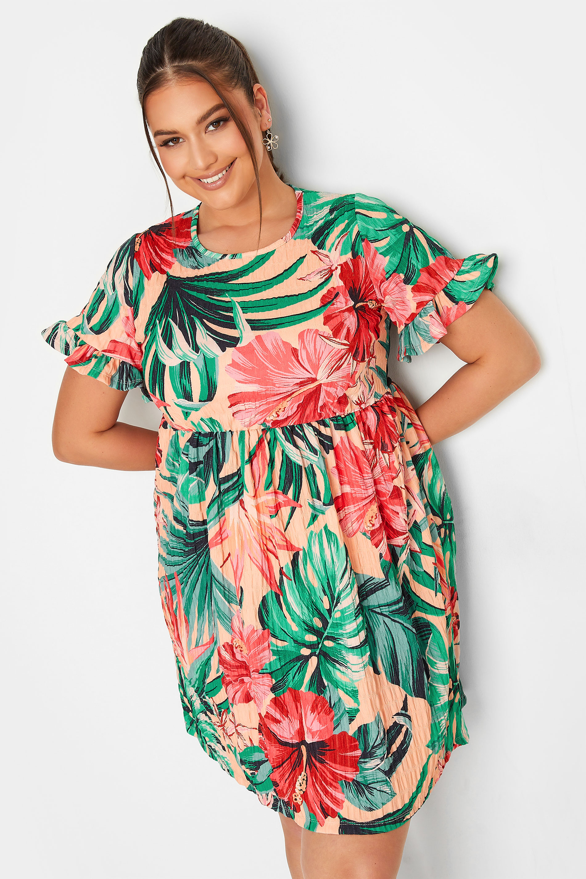 YOURS Curve Plus Size Green & Peach Tropical Floral Print Smock Tunic Dress | Yours Clothing 1