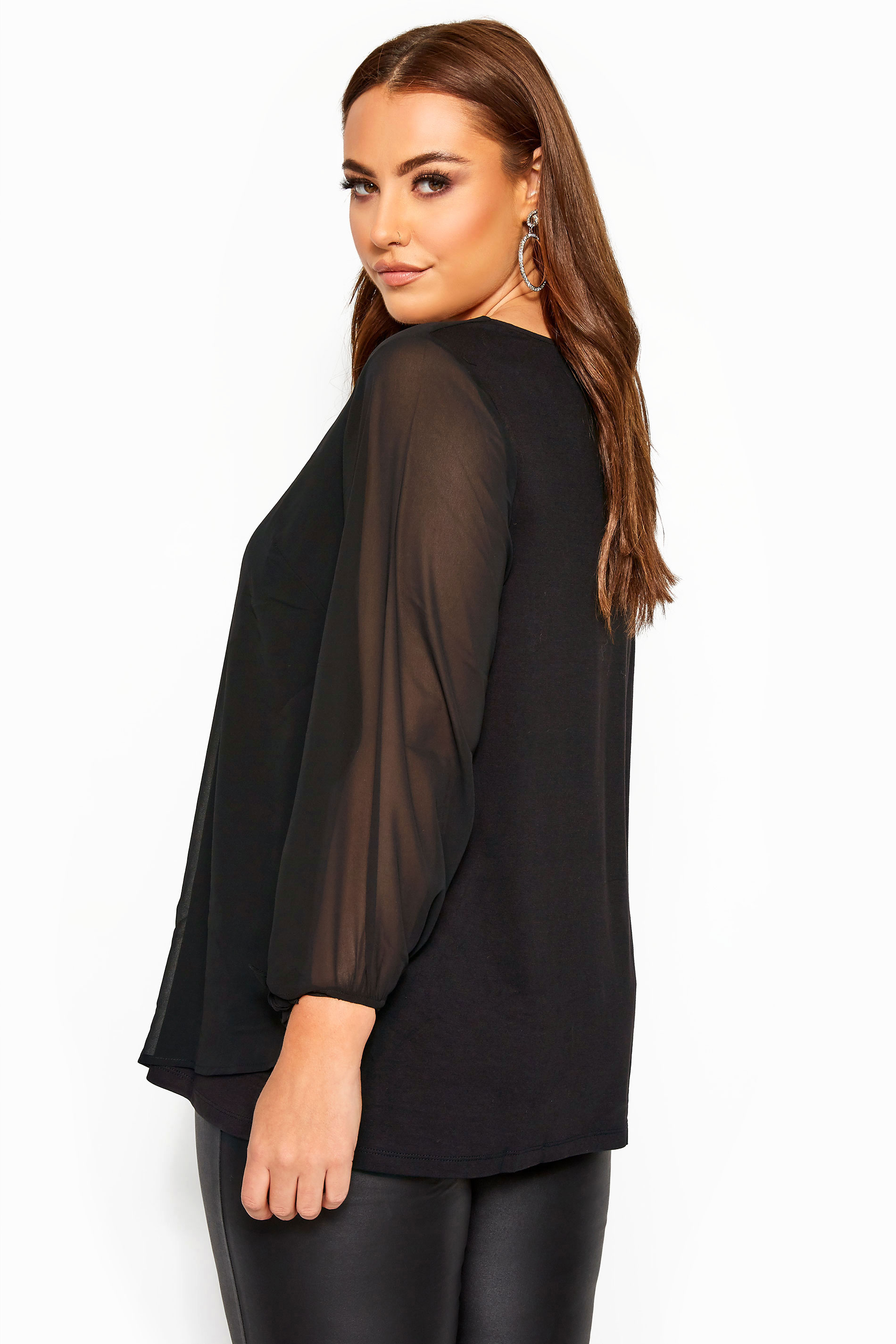 YOURS LONDON Plus Size Black Tie Sleeve Chiffon Blouse | Yours Clothing 3