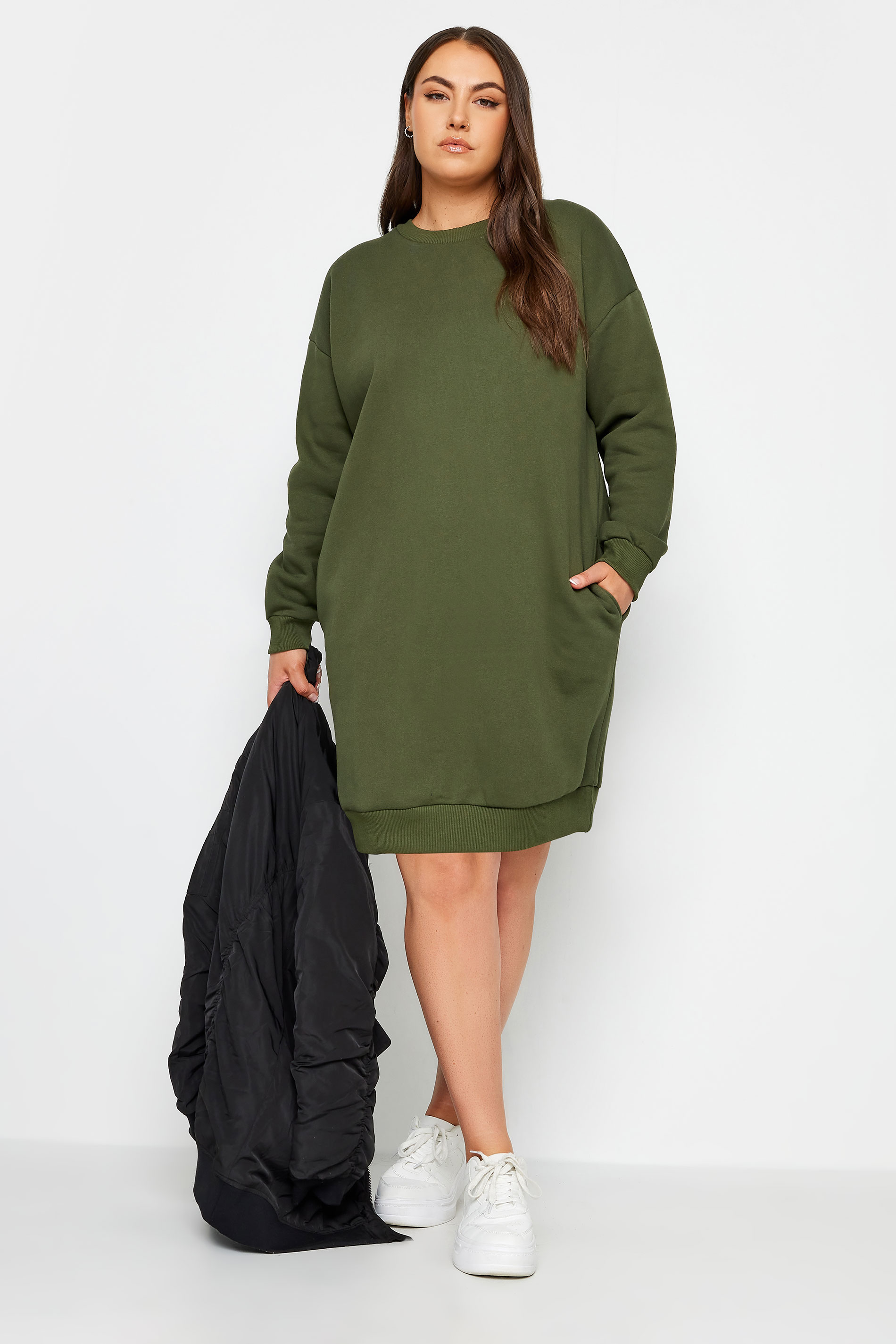 YOURS Plus Size Khaki Green Sweatshirt Dress | Yours Clothing 1