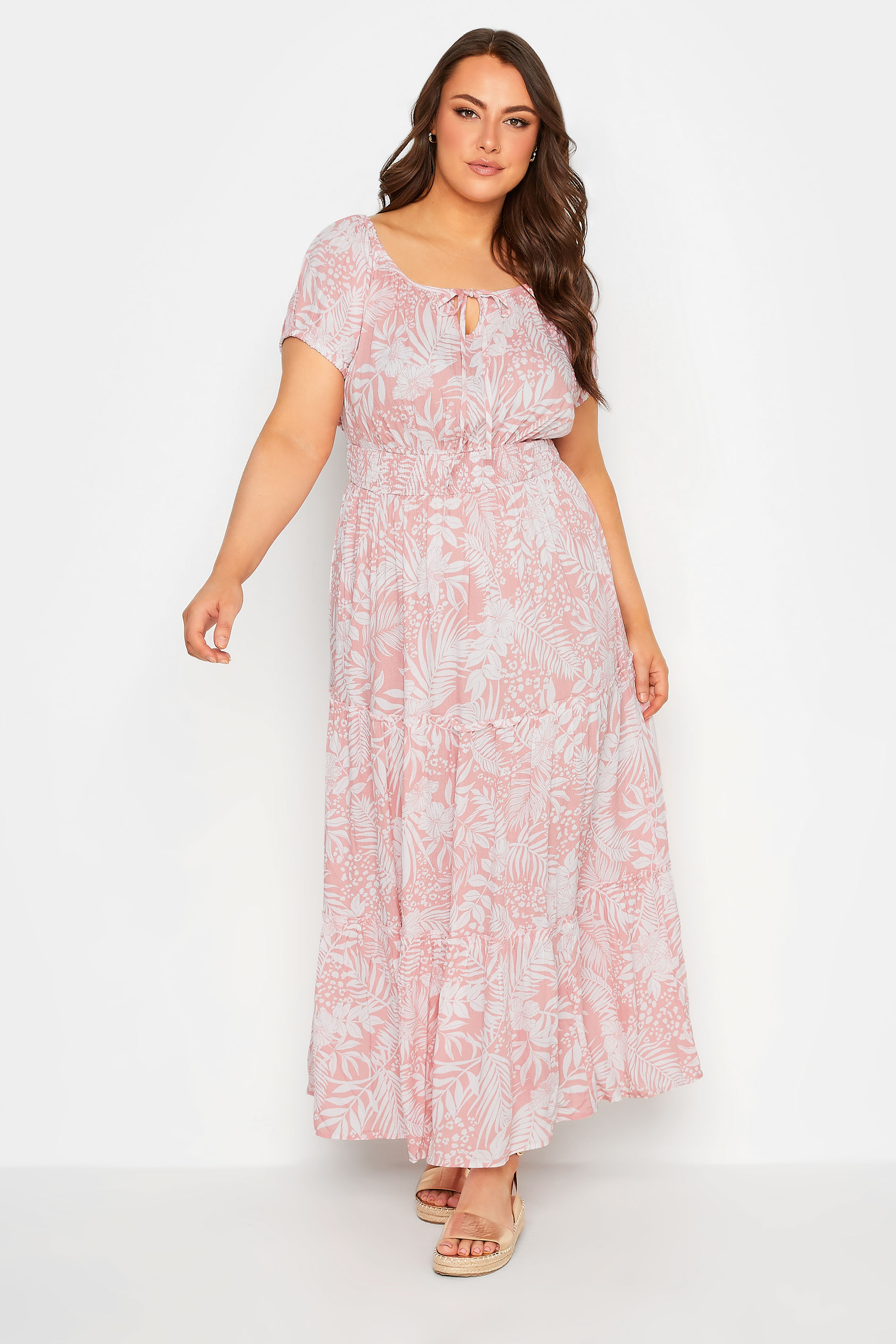 YOURS Plus Size Pink Tropical Print Bardot Maxi Dress | Yours Clothing 1