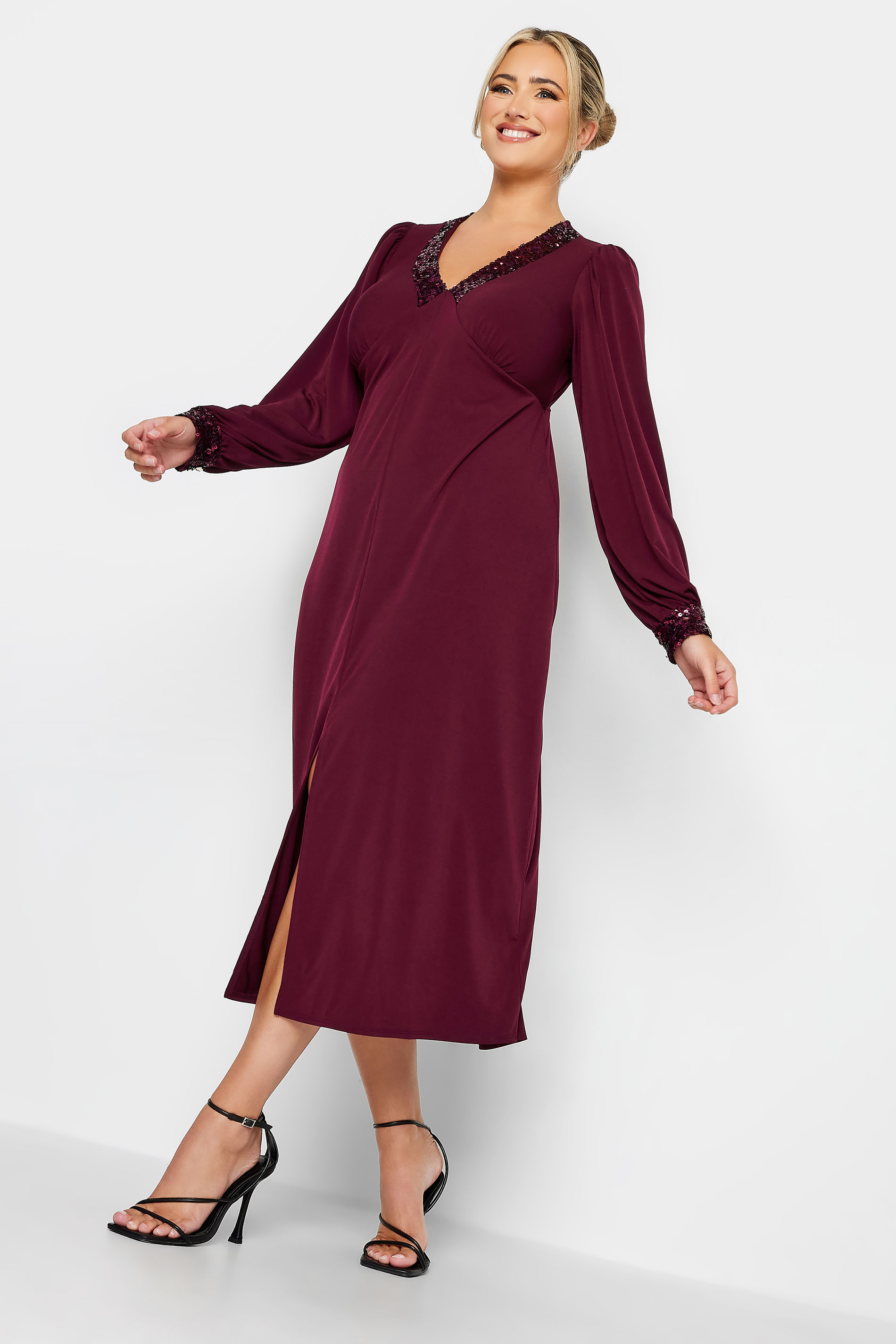 YOURS LONDON Plus Size Plum Purple Sequin Split Front Dress | Yours Clothing 2