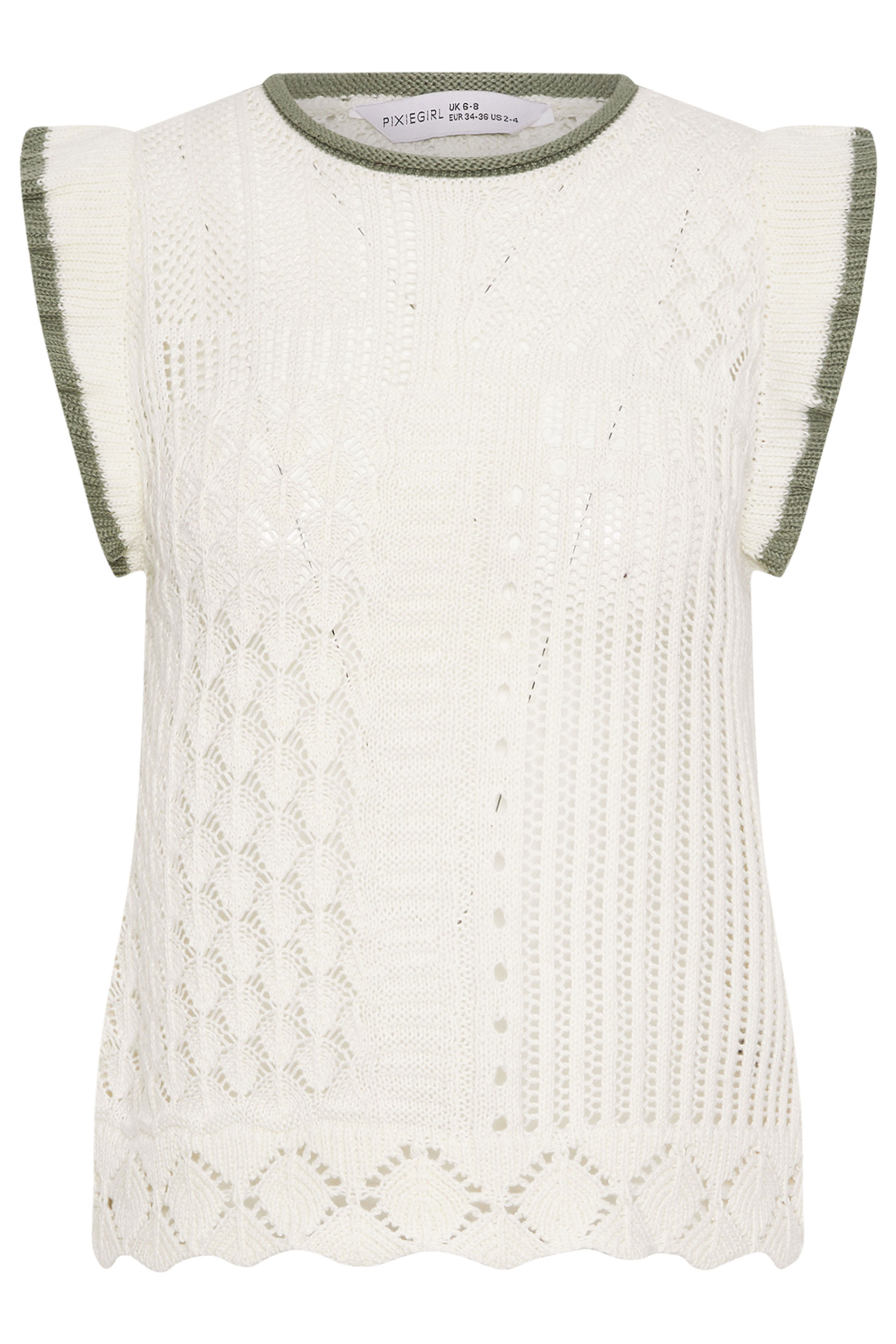 PixieGirl Petite Women's Ivory White & Sage Green Crochet Vest Top | PixieGirl 5