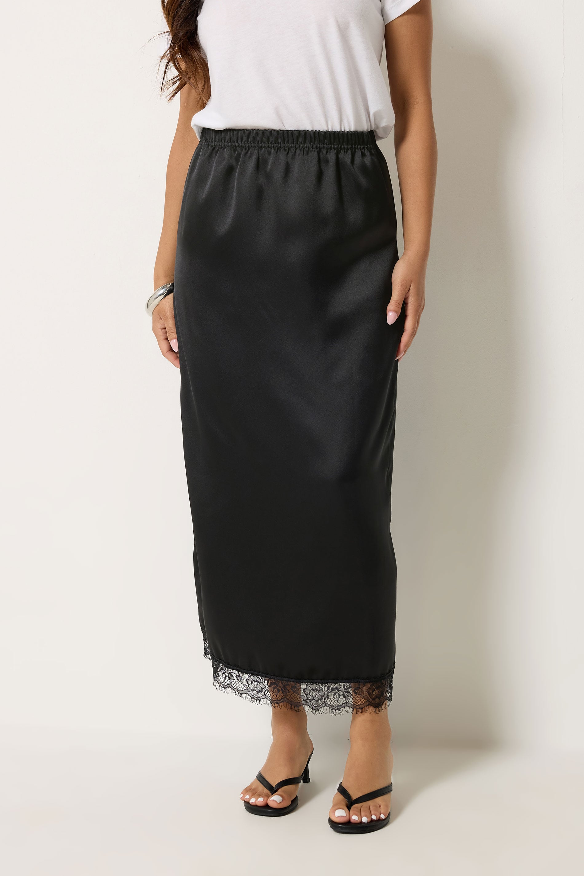 PixieGirl Petite Women's Black Lace Hem Satin Maxi Skirt | PixieGirl 2