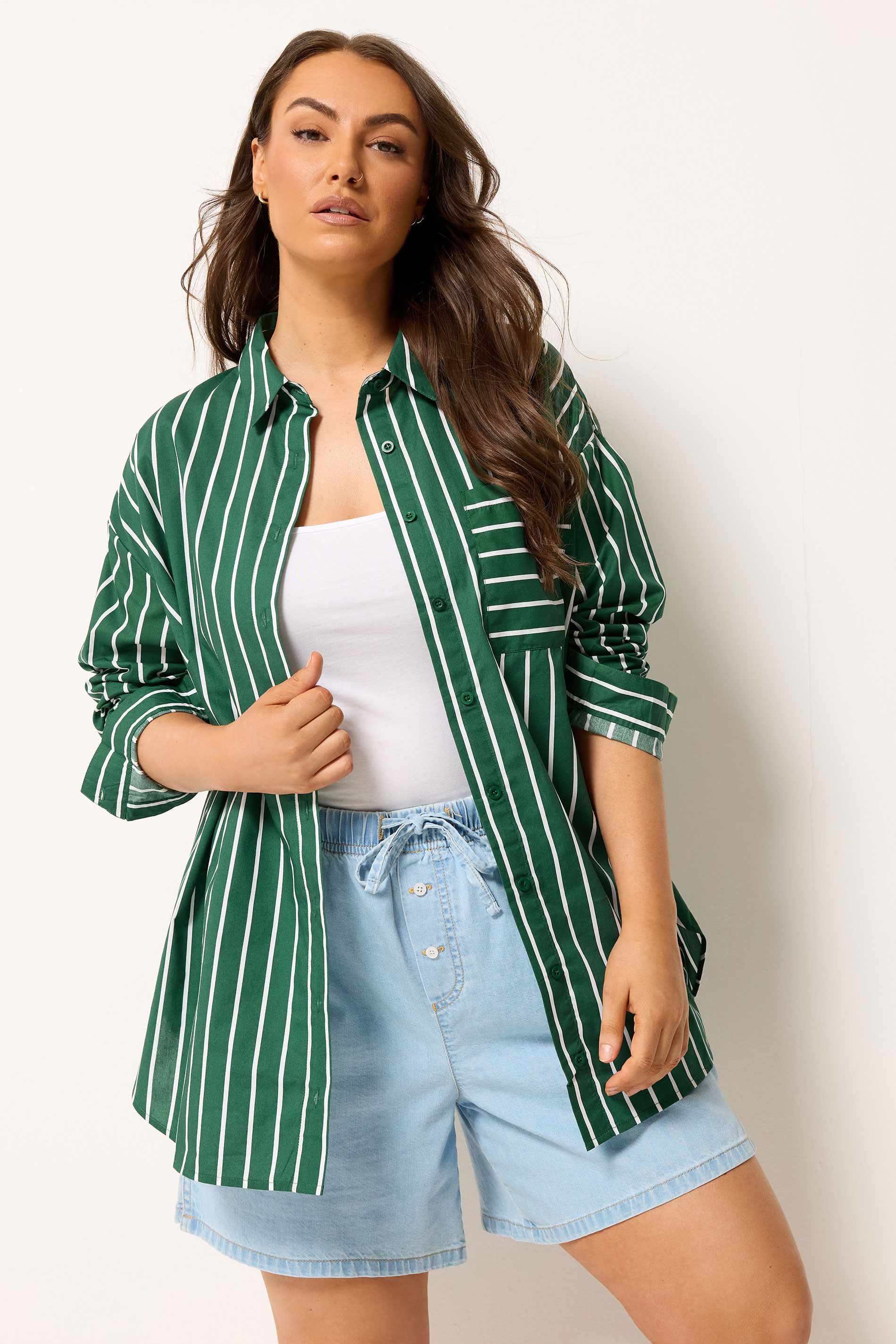 YOURS Plus Size Dark Green & White Striped Shirt | Yours Clothing 3