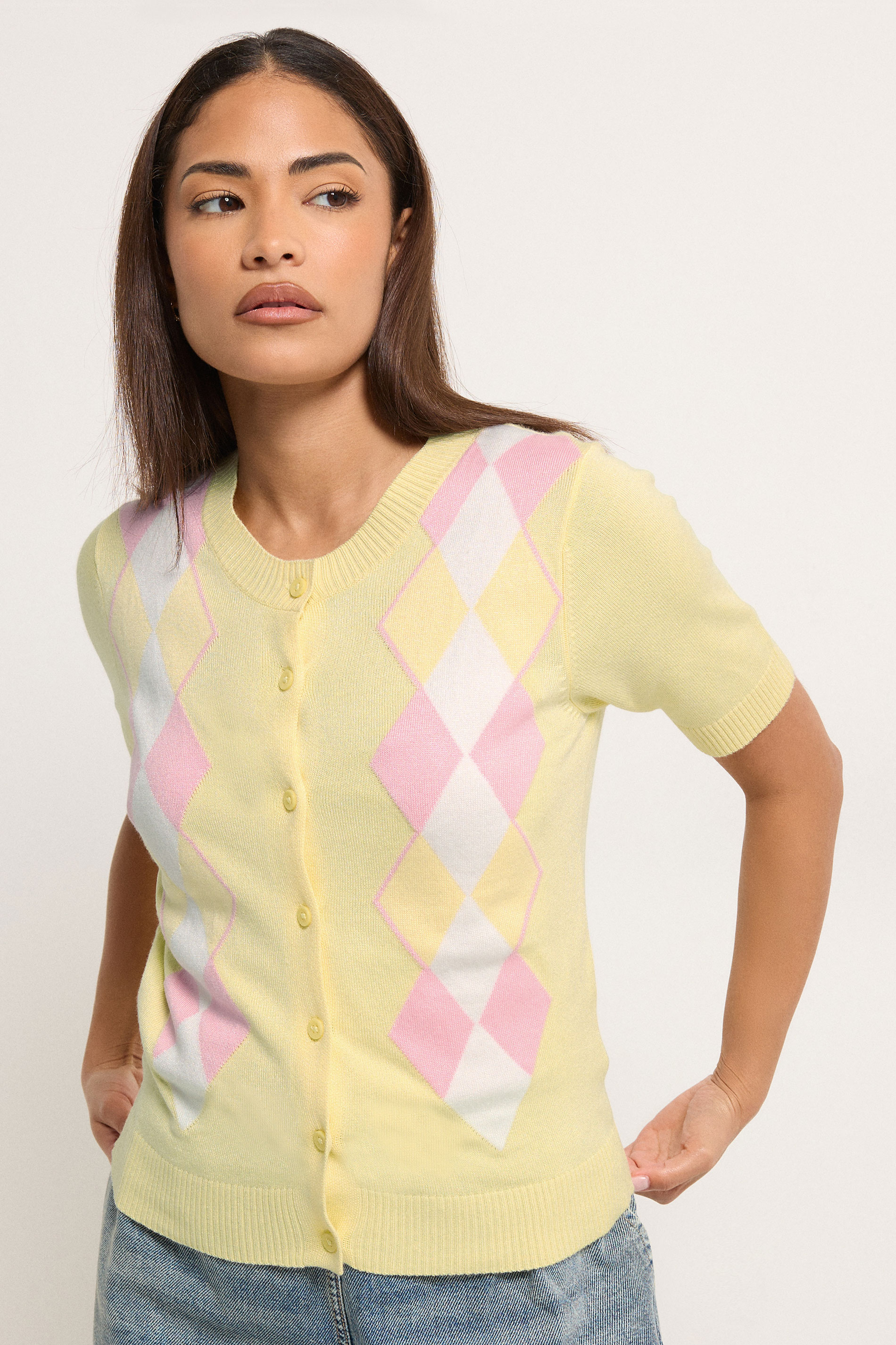PixieGirl Petite Women's Lemon Yellow Argyle Cardigan | PixieGirl 3