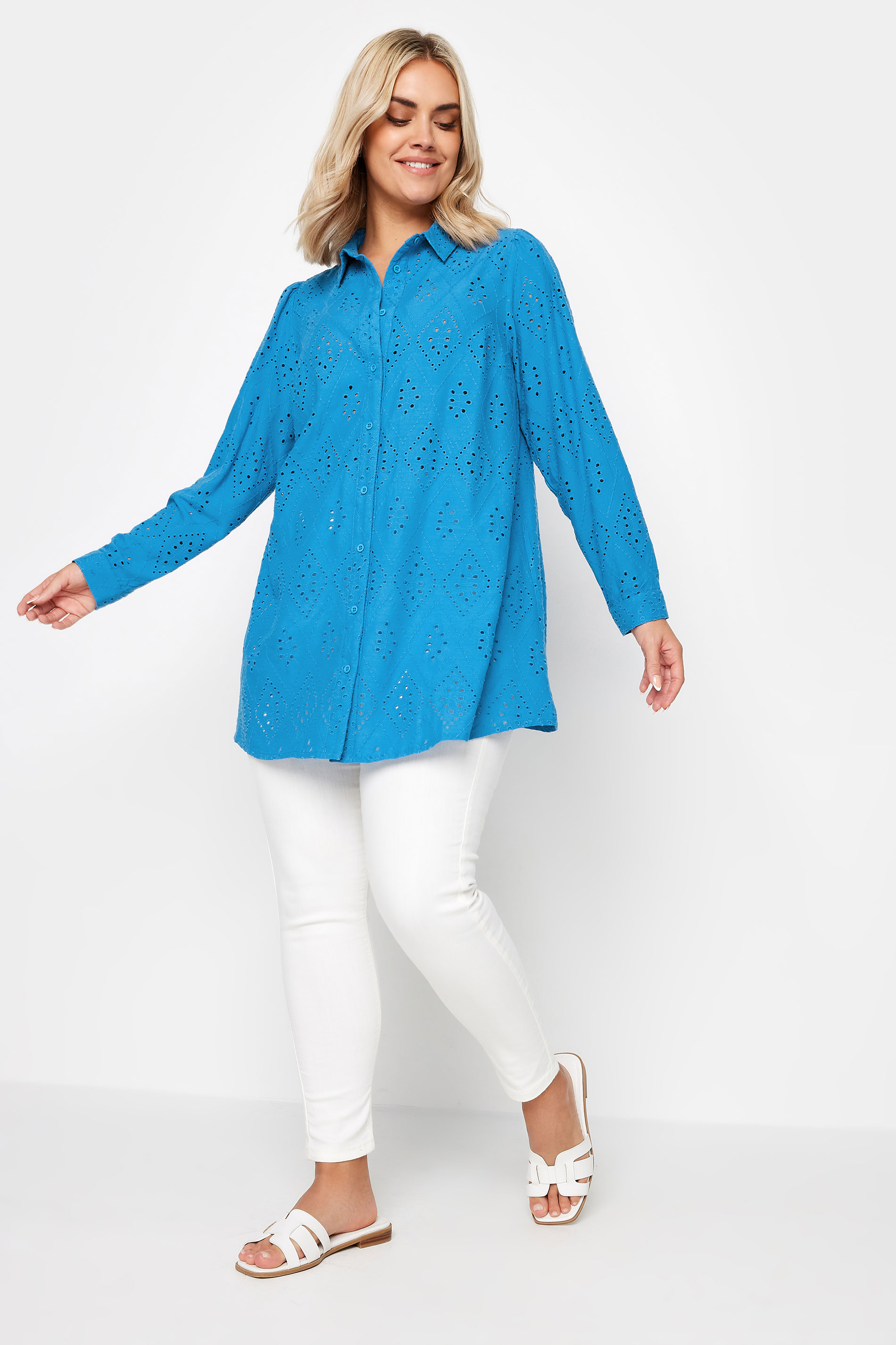 YOURS Plus Size Blue Broderie Anglaise Shirt | Yours Clothing 2