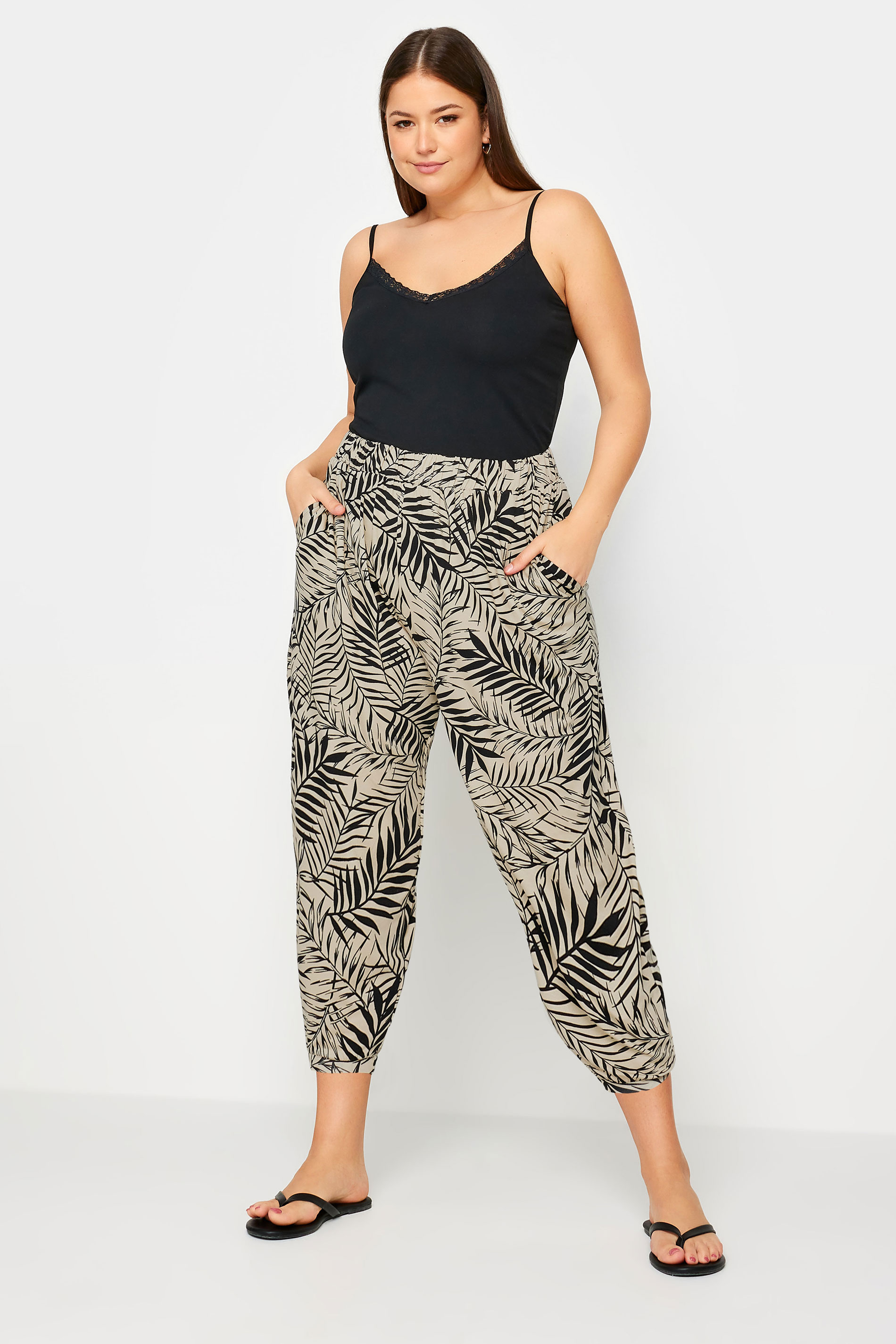 YOURS Plus Size Beige Brown Leaf Print Cropped Harem Trousers | Yours Clothing 2