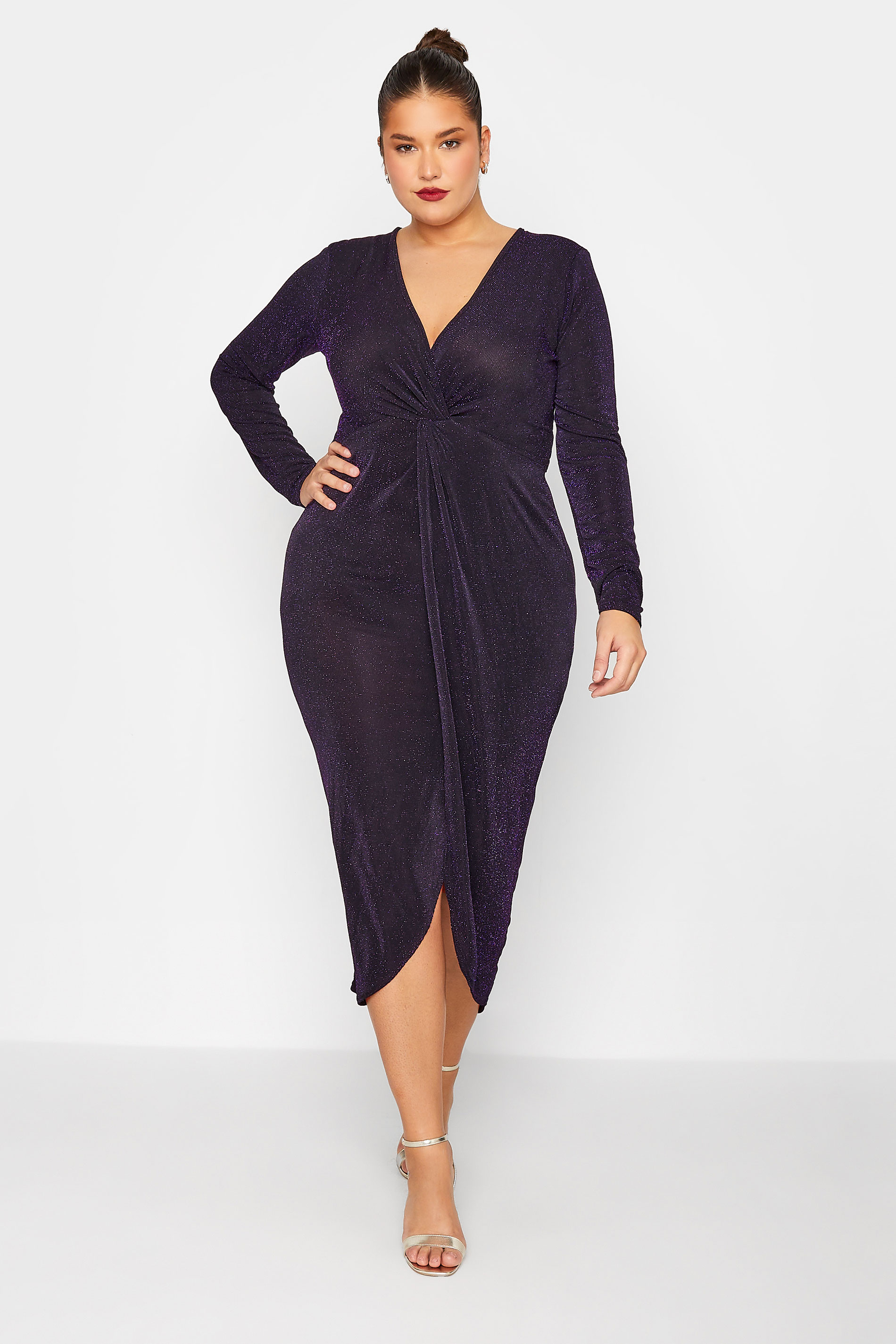 LTS Tall Women's Black & Purple Glitter Twist Wrap Midi Dress | Long Tall Sally 2