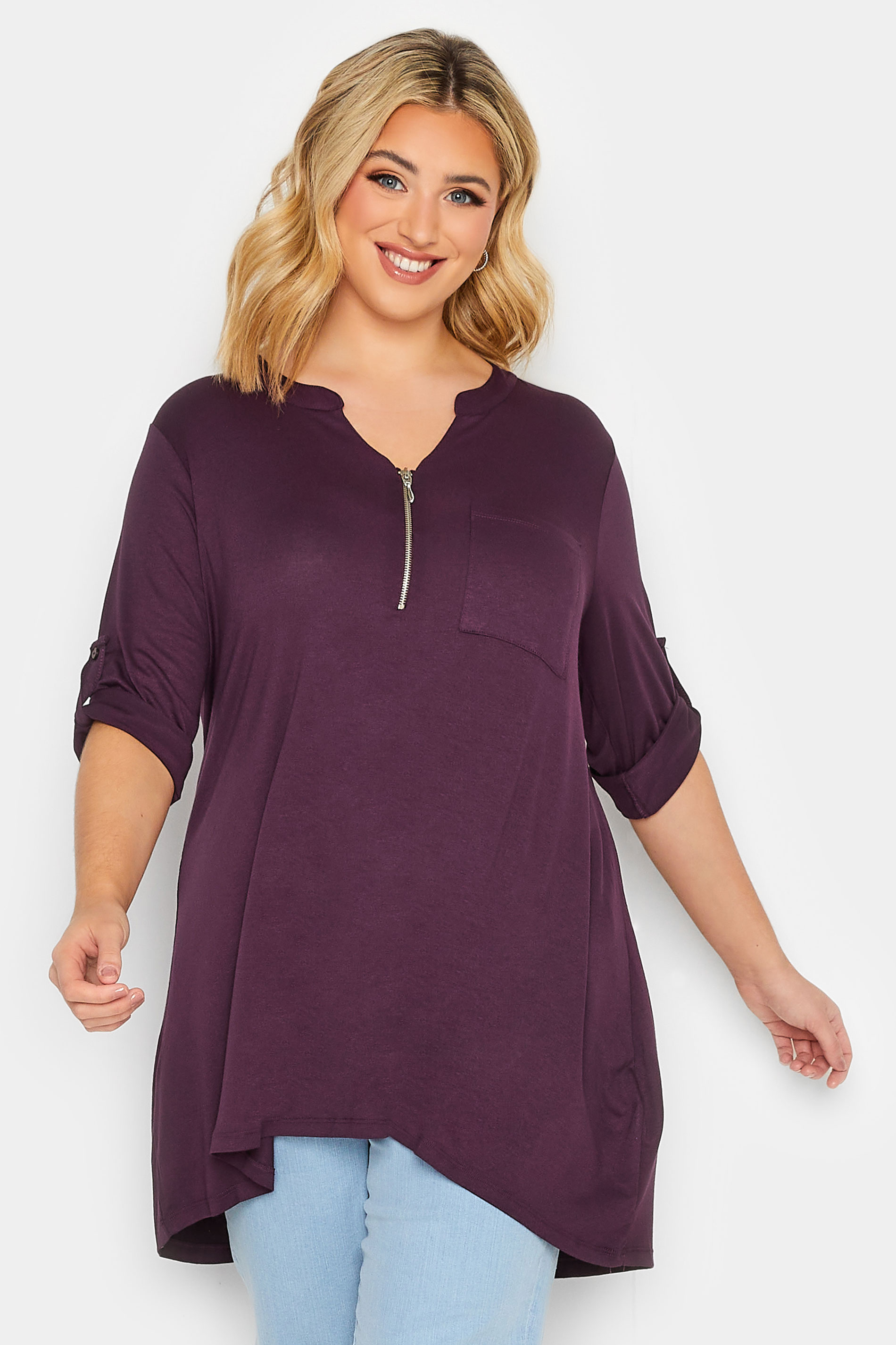 Plus Size Berry Red Zip Front Top | Yours Clothing 1