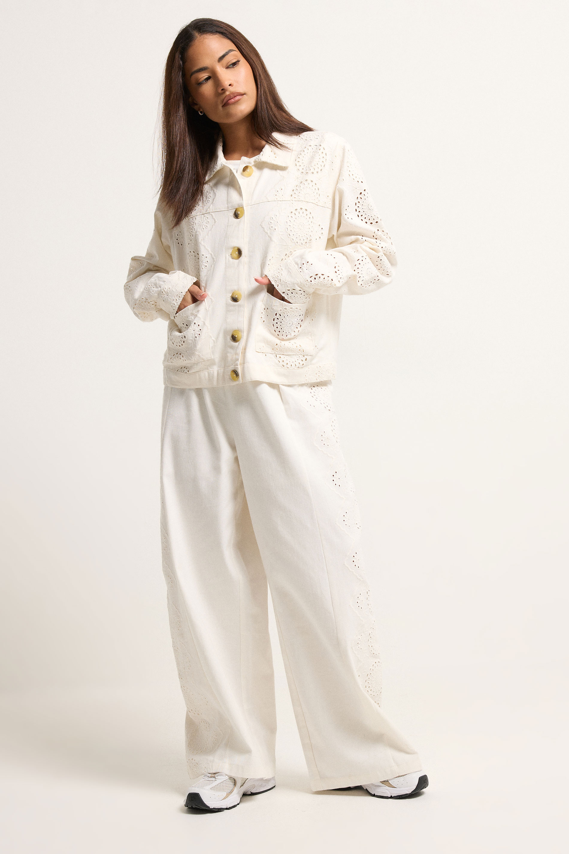 PixieGirl Petite Women's White Embroidered Cotton Wide Leg Trousers | PixieGirl 3
