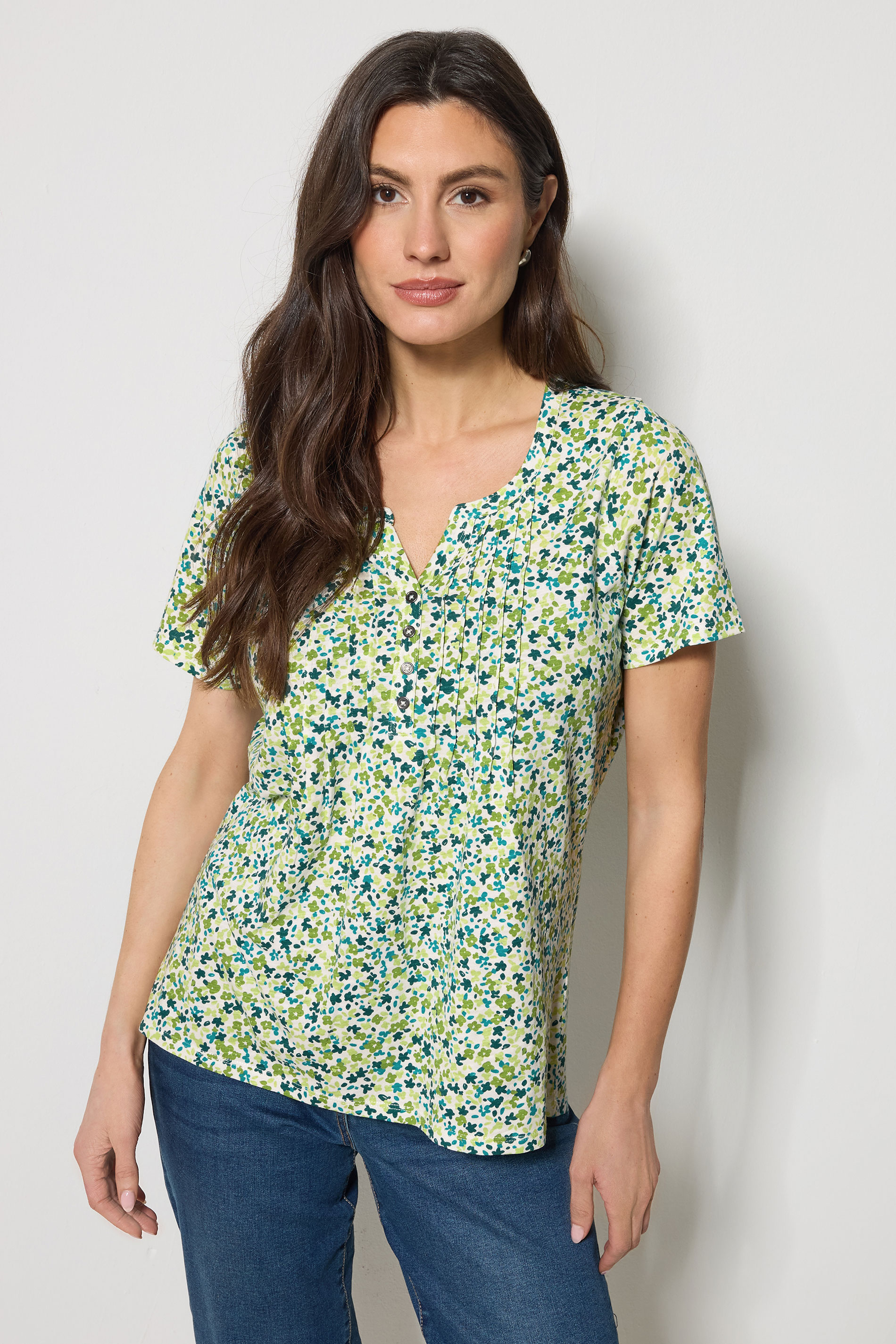 M&Co Green Ditsy Floral Cotton Henley Top | M&Co 3