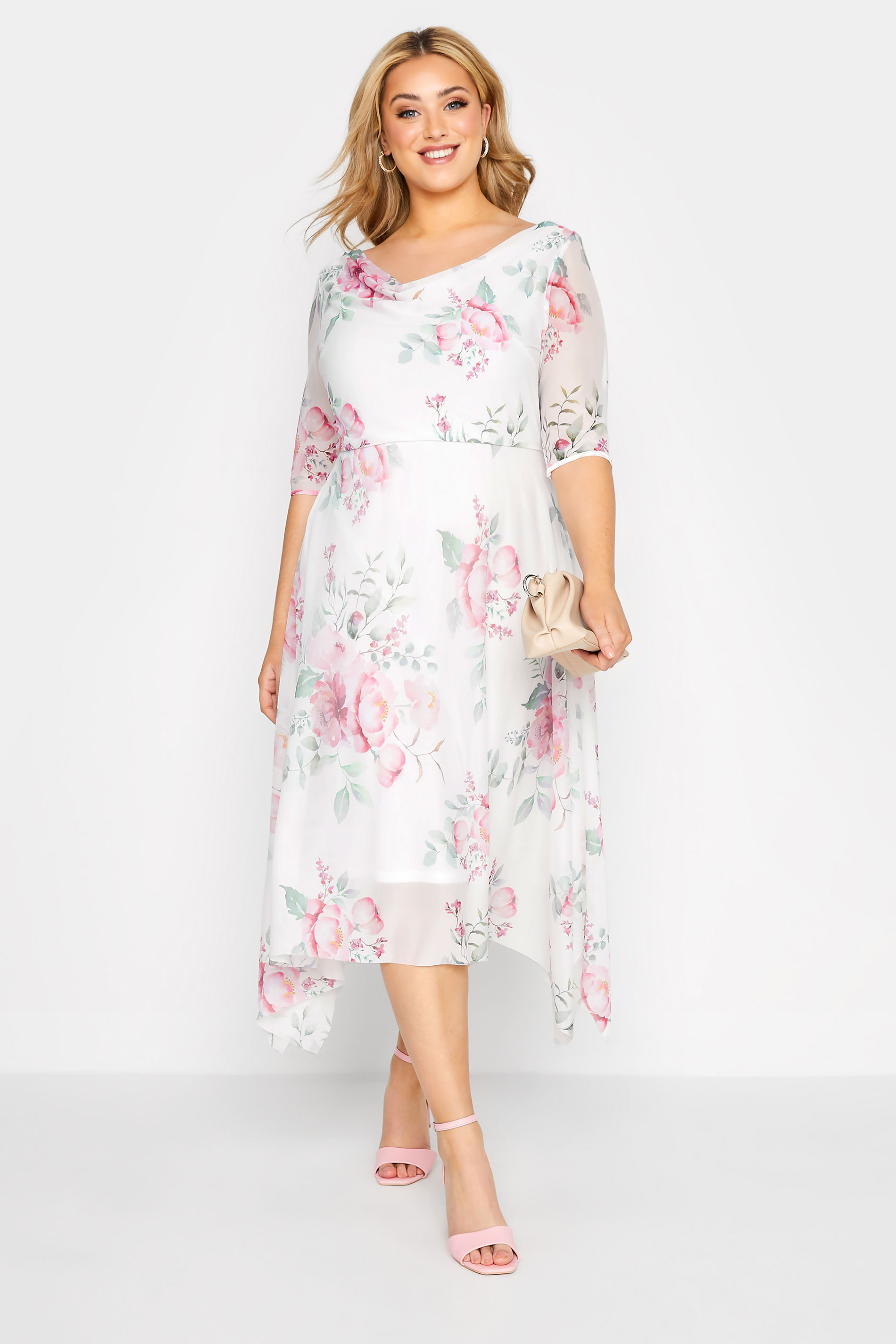 Großen Größen Kleider Großen Größen Florale Kleider | YOURS LONDON Curve White Floral Cowl Dress - XN19295
