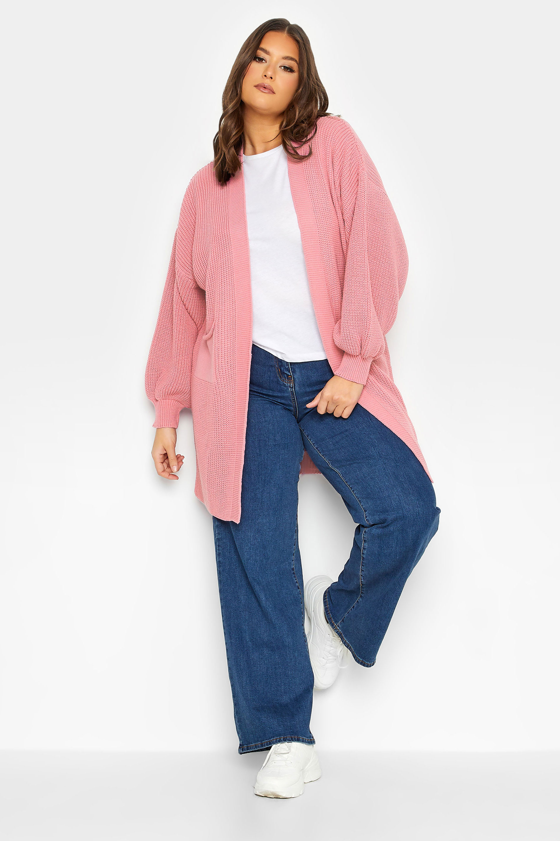 YOURS Plus Size Curve Pink Longline Pocket Balloon Sleeve Knit Cardigan | Yours Clothing  2
