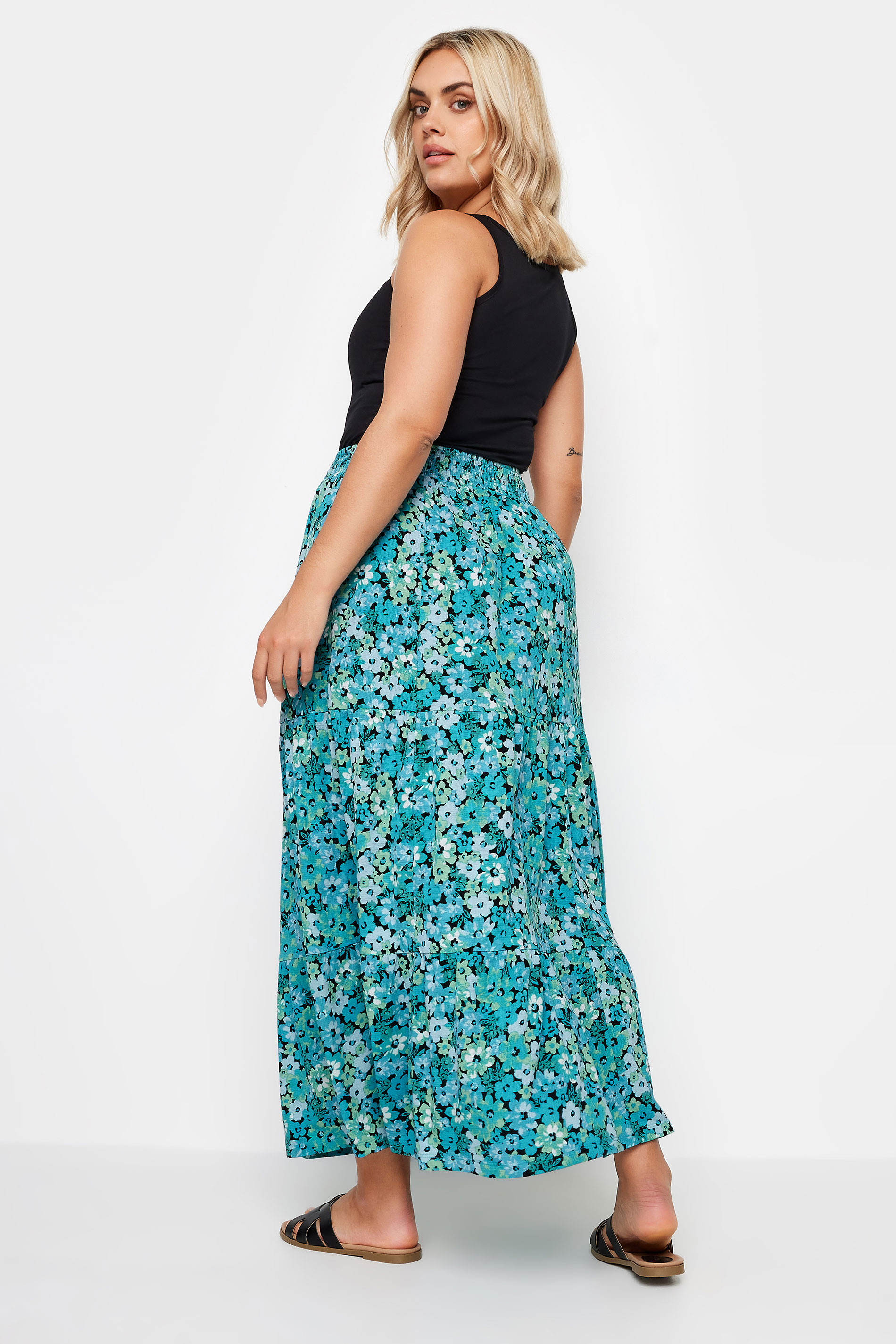 YOURS Plus Size Blue Floral Print Textured Tiered Maxi Skirt | Yours Clothing 3