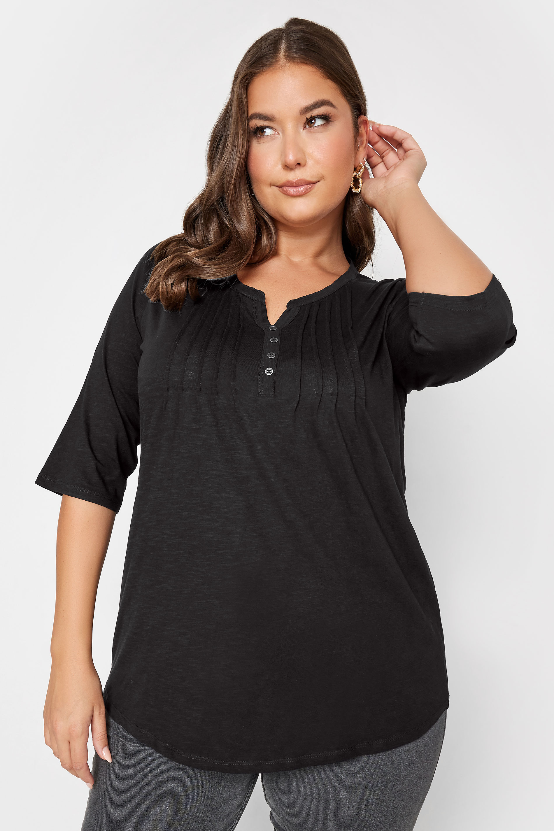 YOURS Curve Plus Size 2 PACK Teal Blue & Black Pintuck Henley Tops | Yours Clothing  3