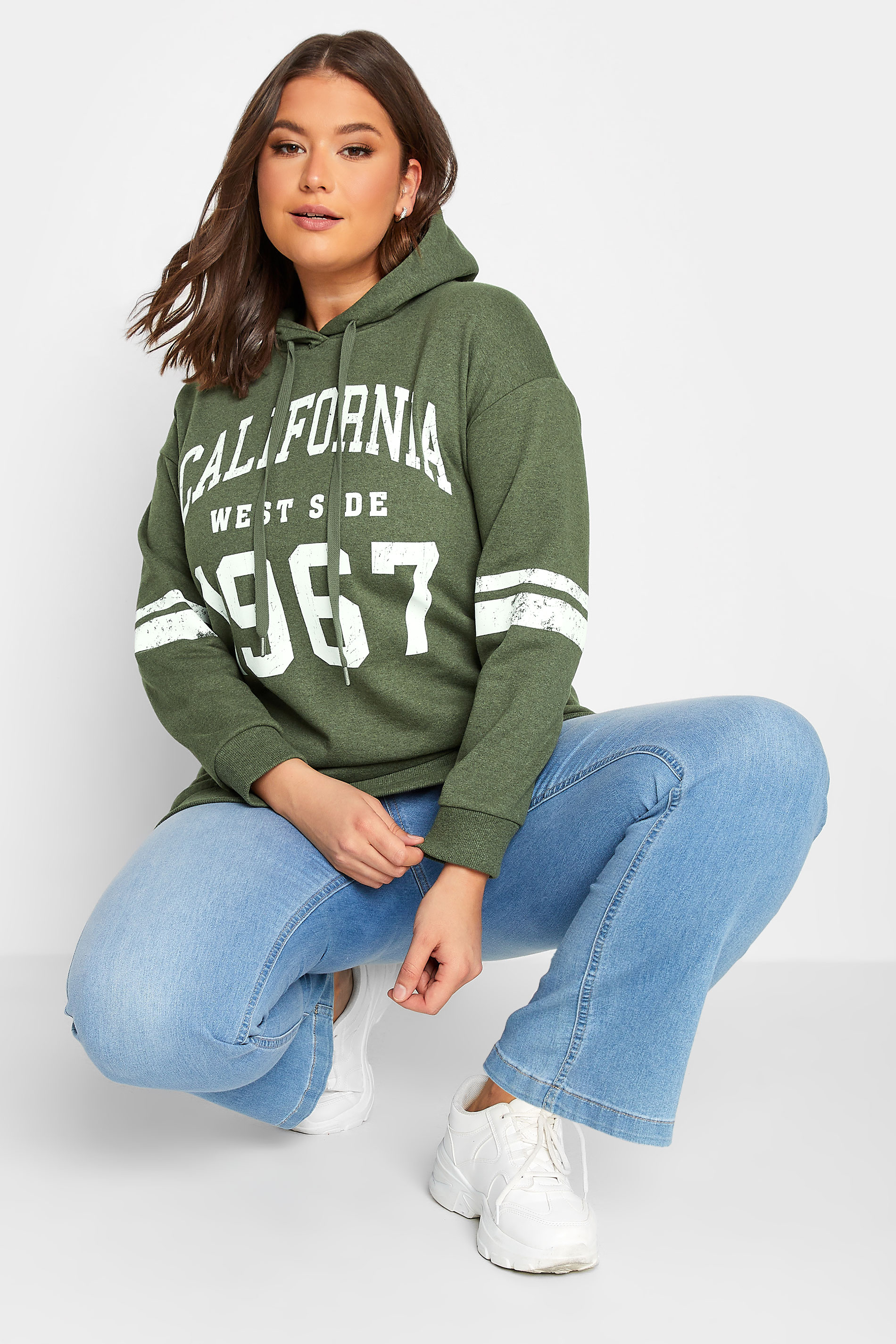 YOURS Plus Size Khaki Green 'California' Varsity Hoodie | Yours Clothing 1