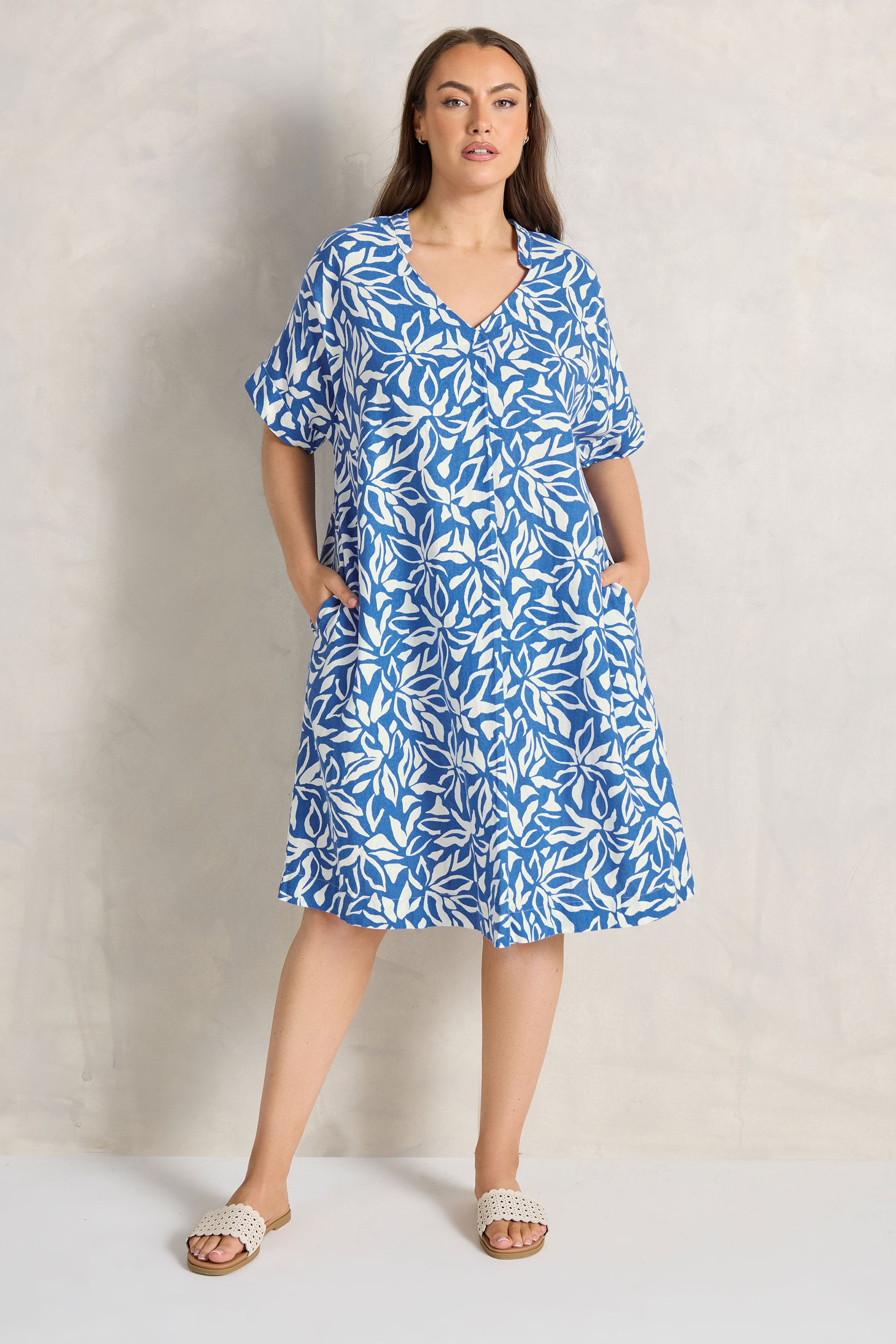 EVANS Plus Size Blue Premium Linen Leaf Print Shift Dress | Evans 1