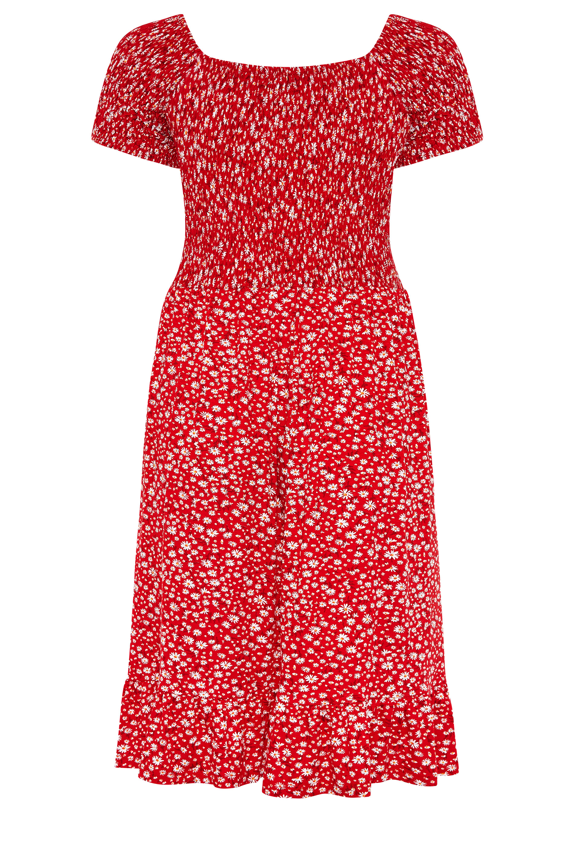 Red Ditsy Shirred Bardot Dress | Yours Clothing