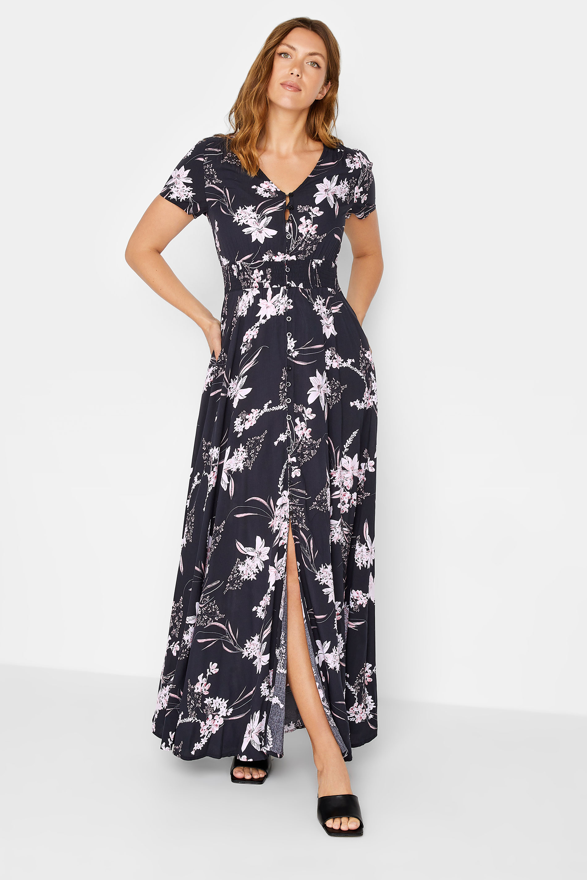 LTS Tall Women's Navy Blue Floral Print Shirred Waist Maxi Dress | Long Tall Sally 1