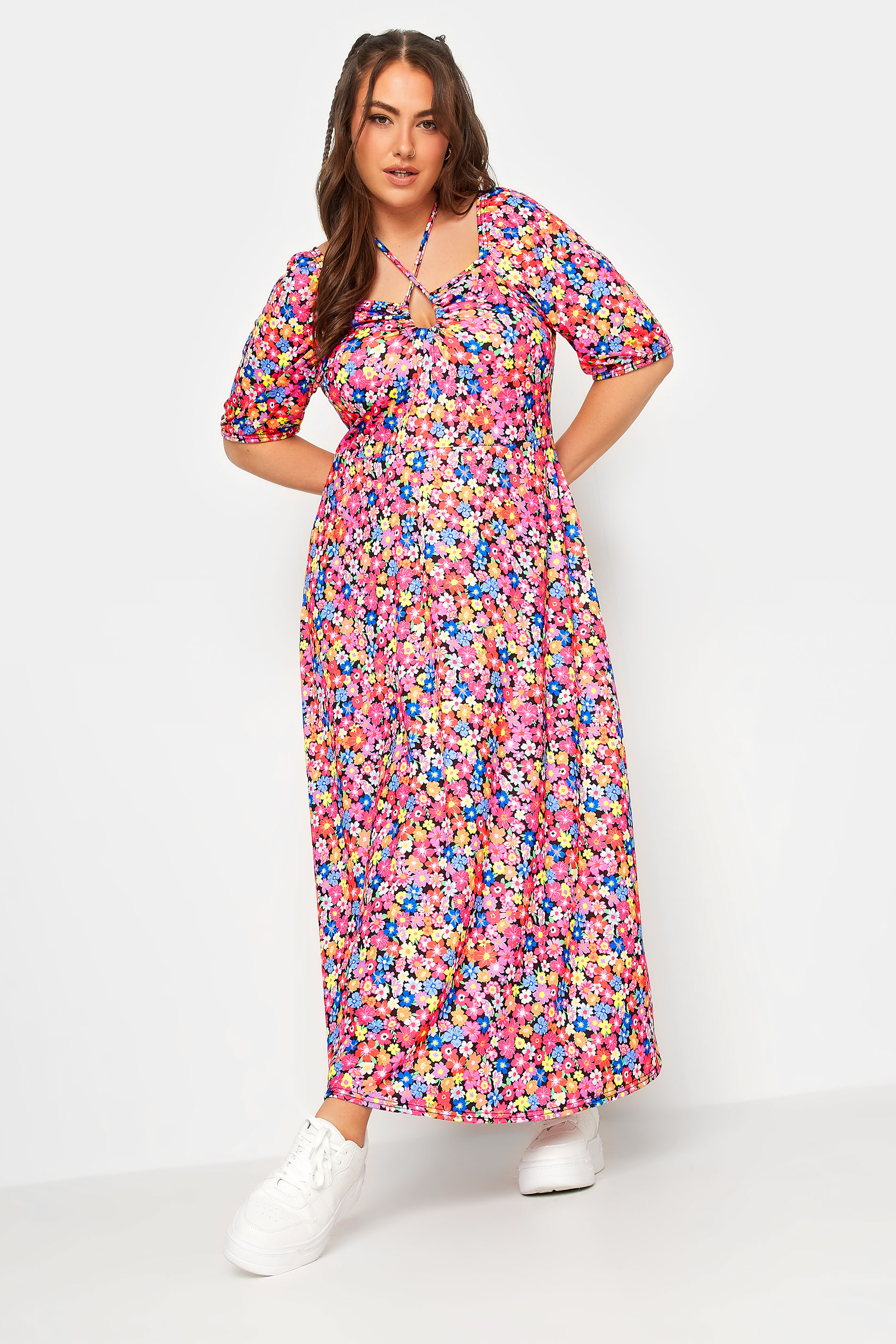 LIMITED COLLECTION Plus Size Black & Pink Floral Print Tie Front Maxi Dress | Yours Clothing 2