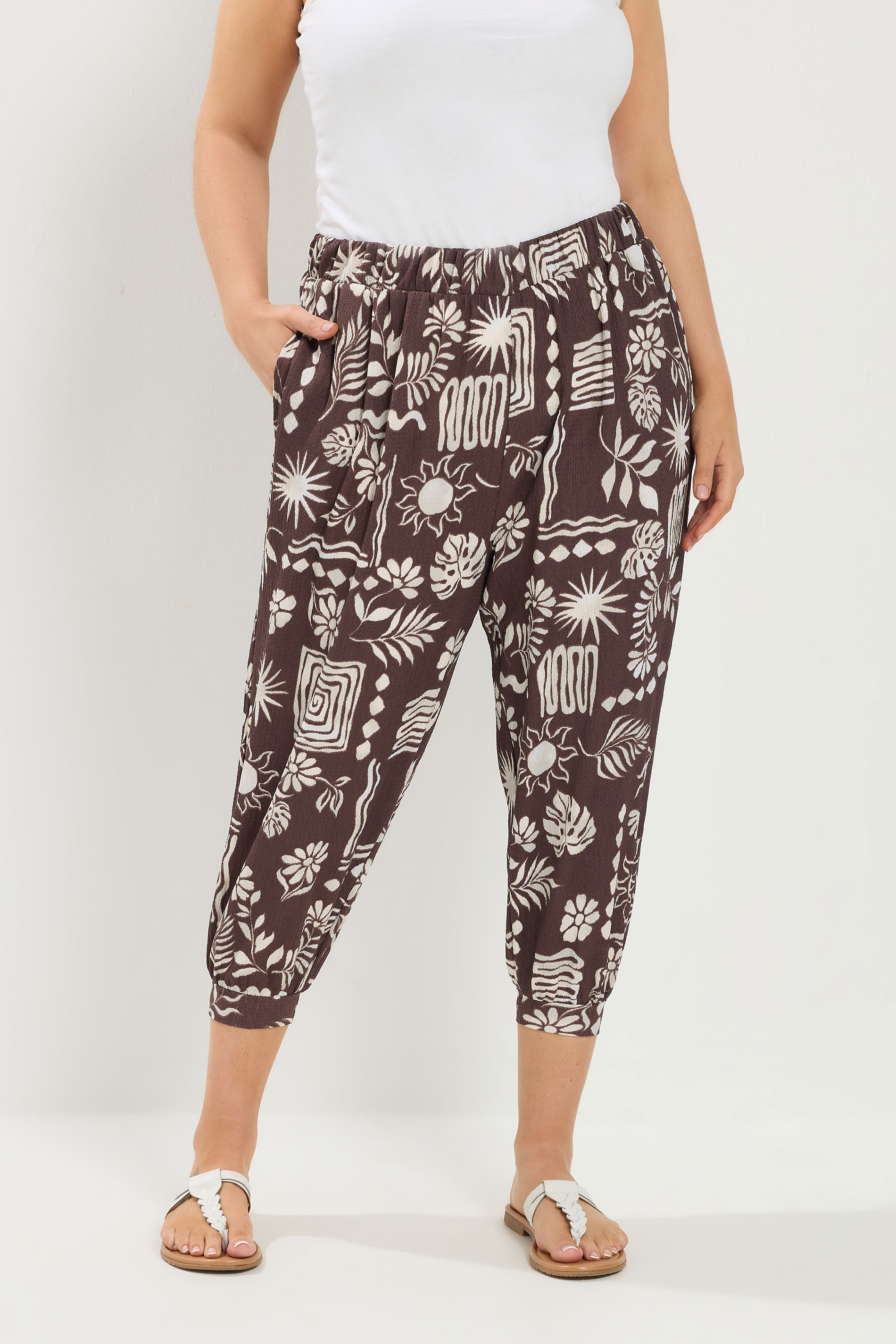 YOURS Plus Size Chocolate Brown Floral Cropped Harem Trousers | Yours Clothing 3