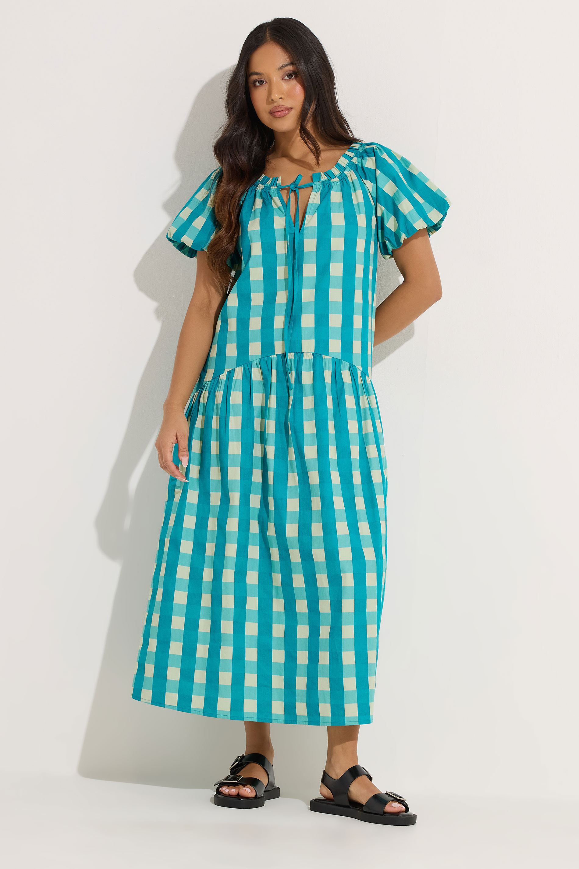 PixieGirl Petite Women's Teal Green Check Cotton Tie Neck Maxi Dress | PixieGirl 3