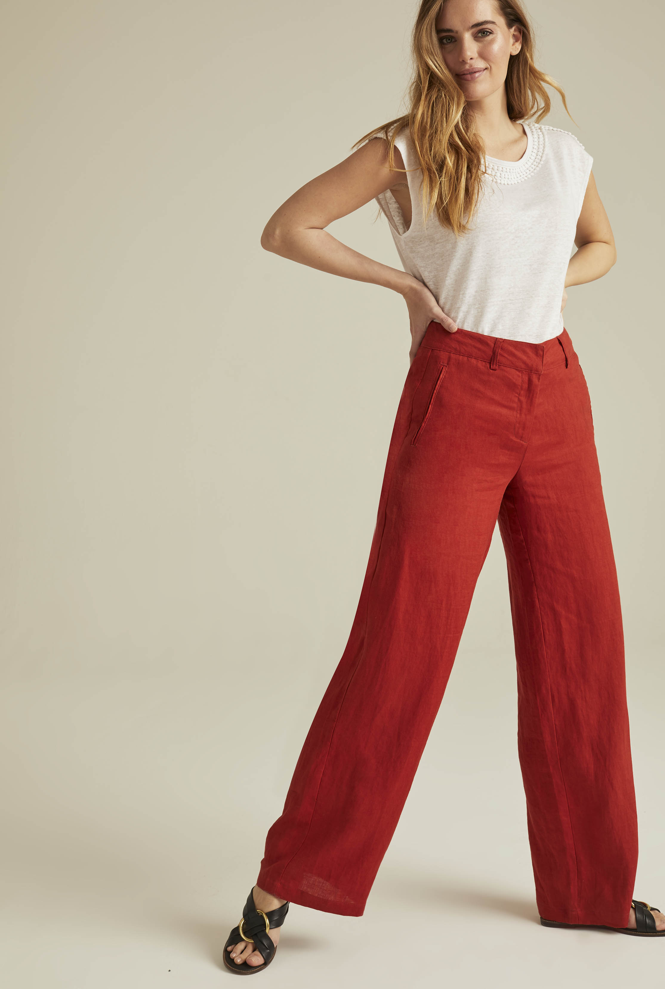 Red Wide Leg Linen Trousers | Long Tall Sally