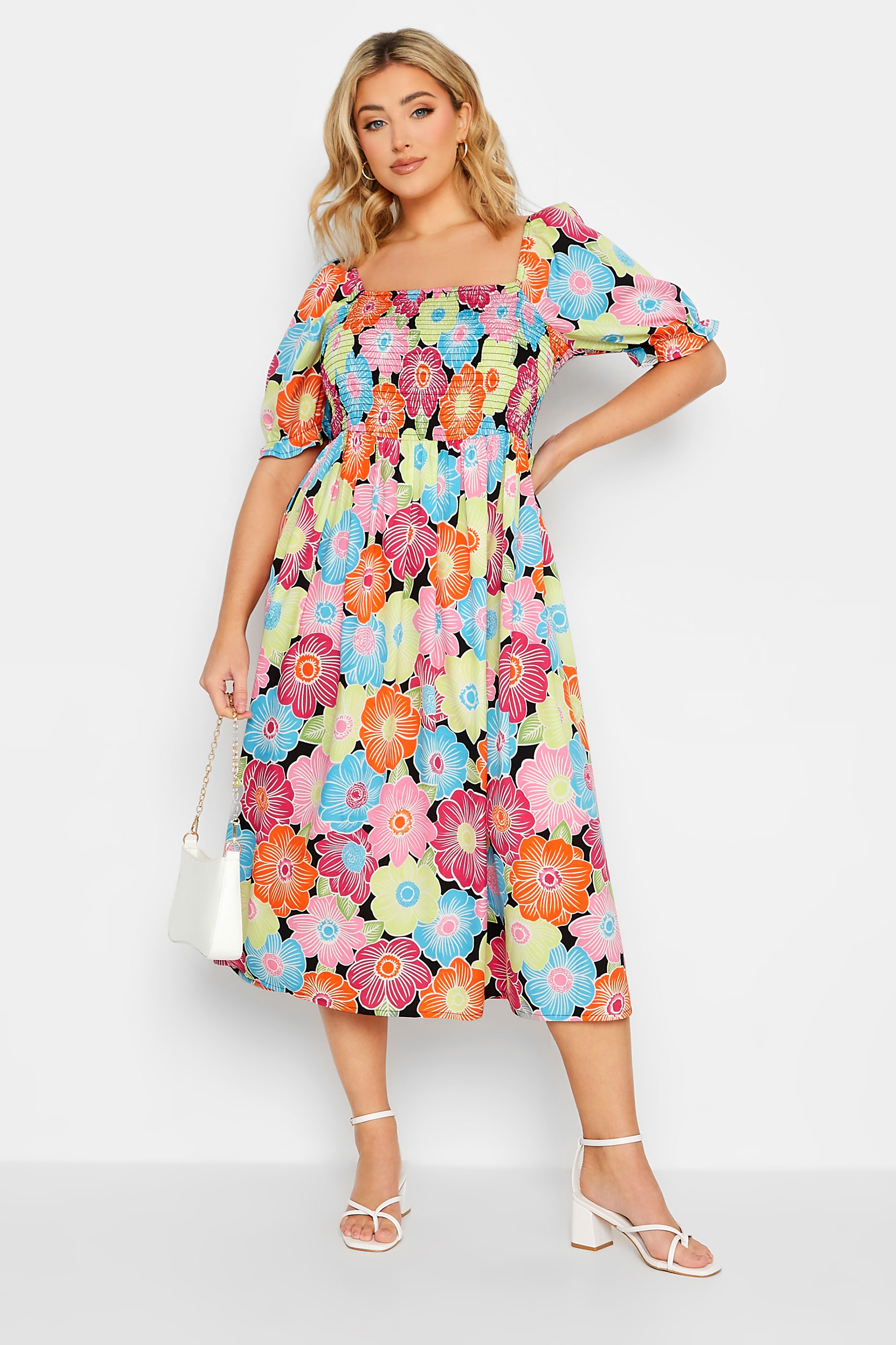 YOURS Plus Size Pink & Blue Floral Print Shirred Maxi Dress | Yours Clothing 1