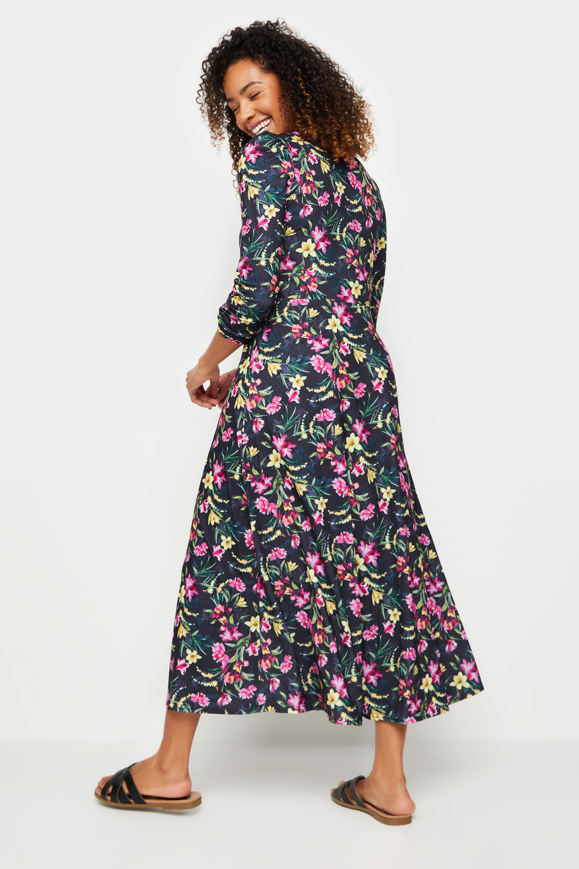 M&Co Navy Blue Floral Print Belted Wrap Midi Dress | M&Co 3