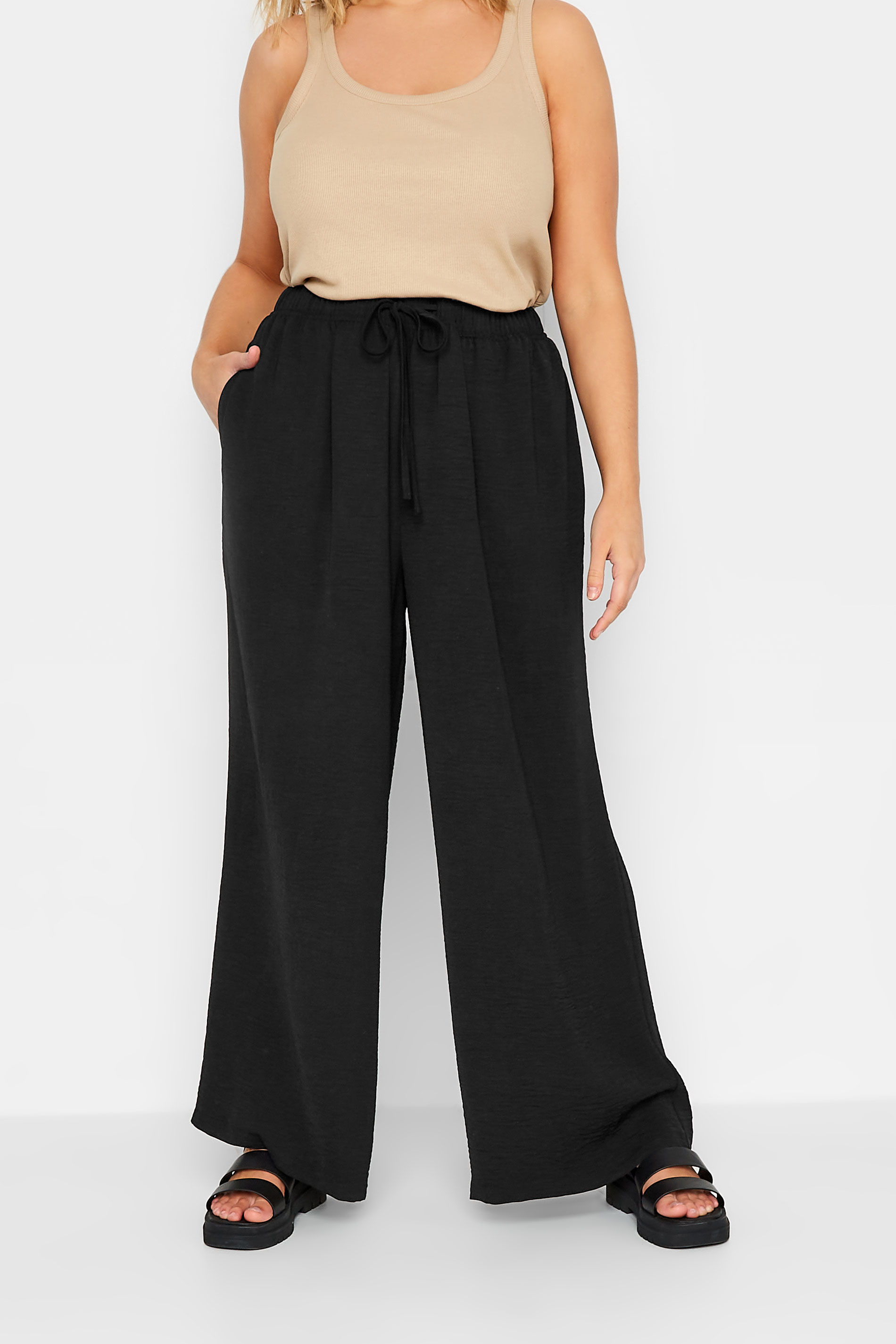 YOURS Plus Size Black Washed Twill Wide Leg Trousers | Yours Clothing 1
