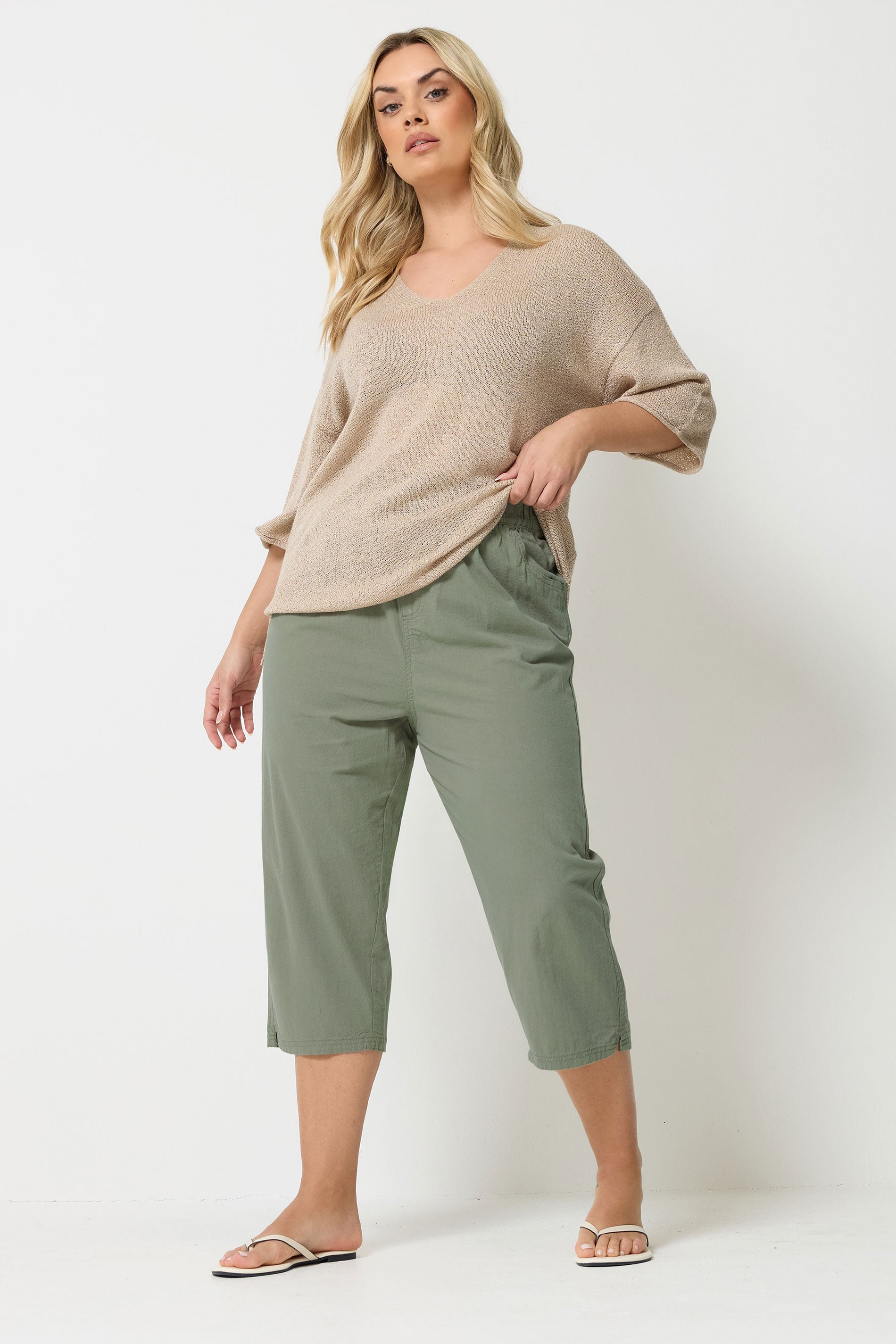 YOURS Plus Size Green Khaki Cool Cotton Cropped Trousers  1