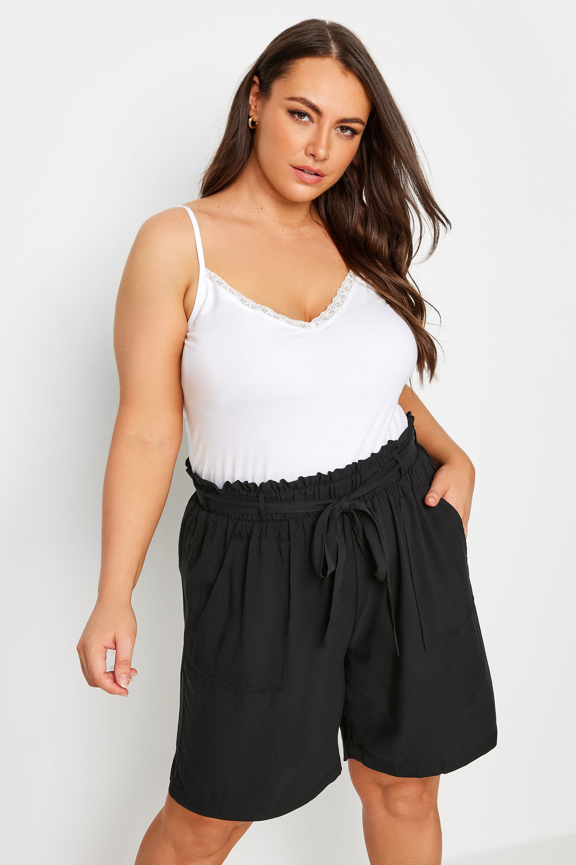 YOURS Plus Size Black Paperbag Shorts | Yours Clothing 1