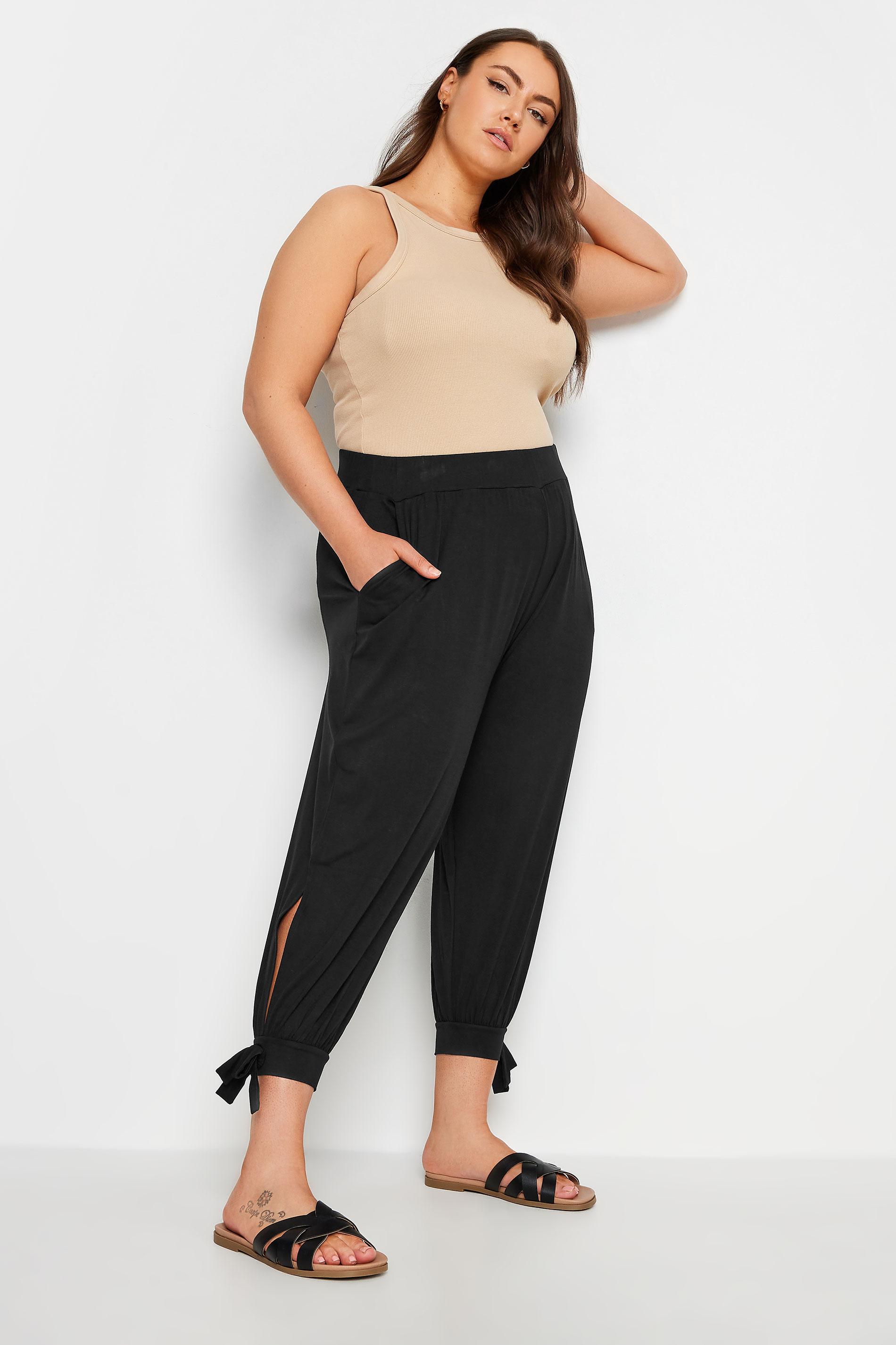 YOURS Plus Size Black Cropped Tie Detail Harem Trousers | Yours Clothing 2