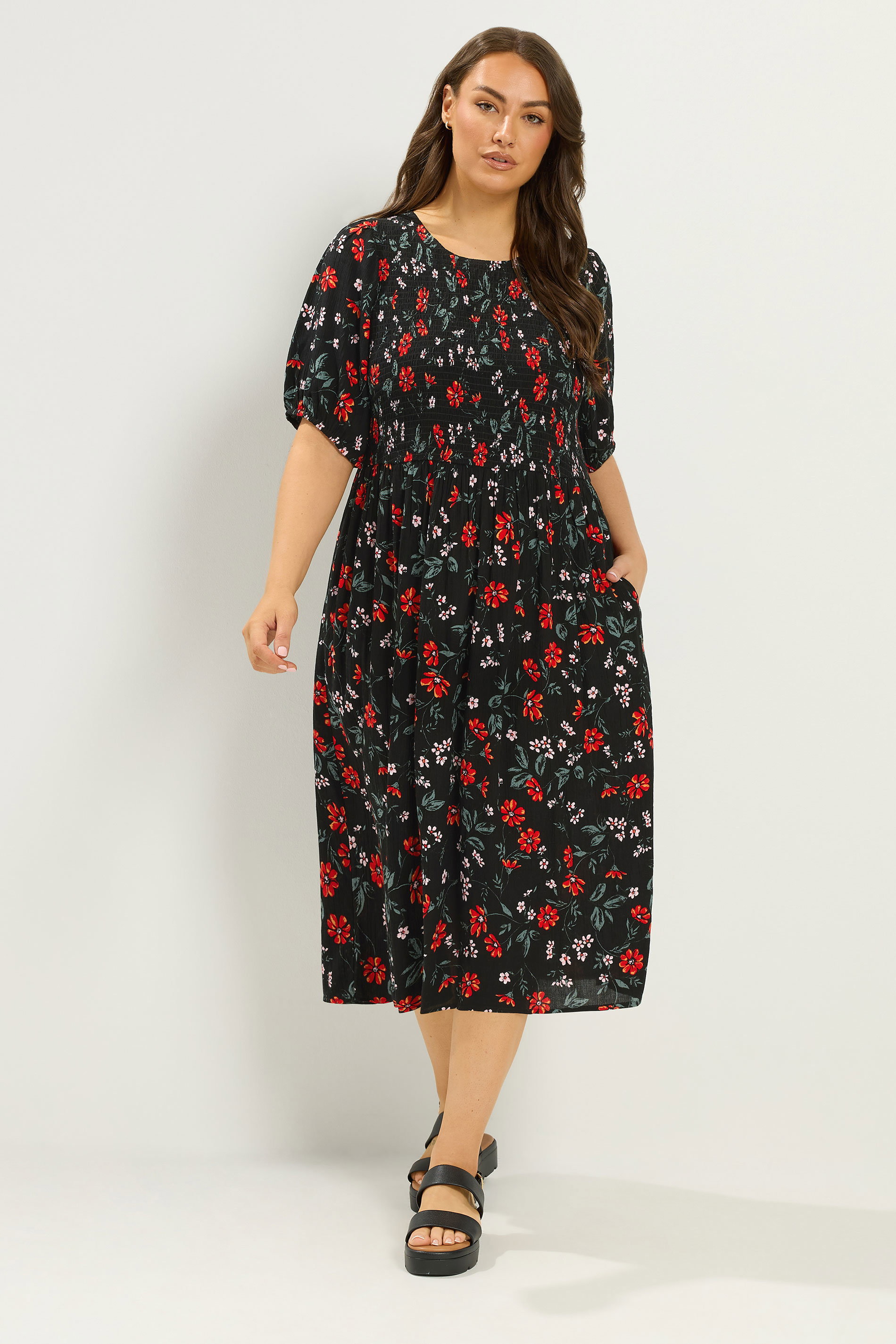 YOURS Plus Size Black Floral Puff Sleeve Shirred Dress  | Yours Clothing 1