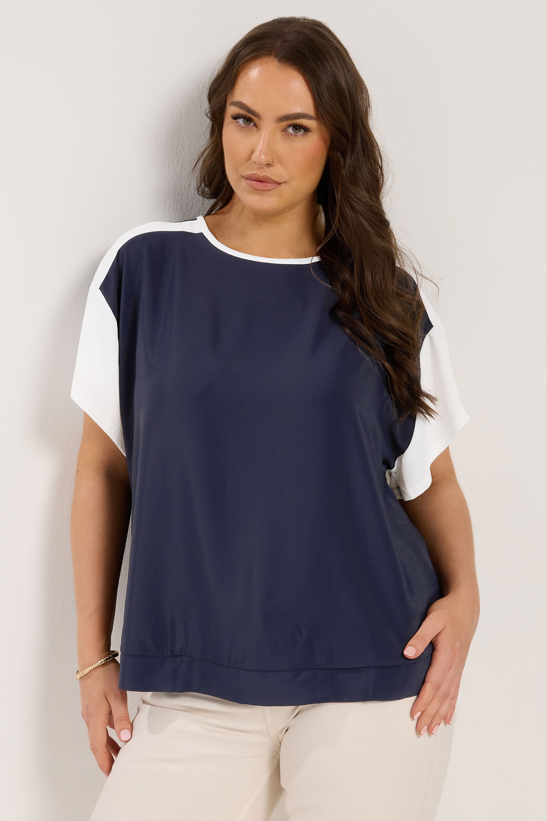 YOURS Plus Size Blue & White Contrast Sleeve Top | Yours Clothing 3