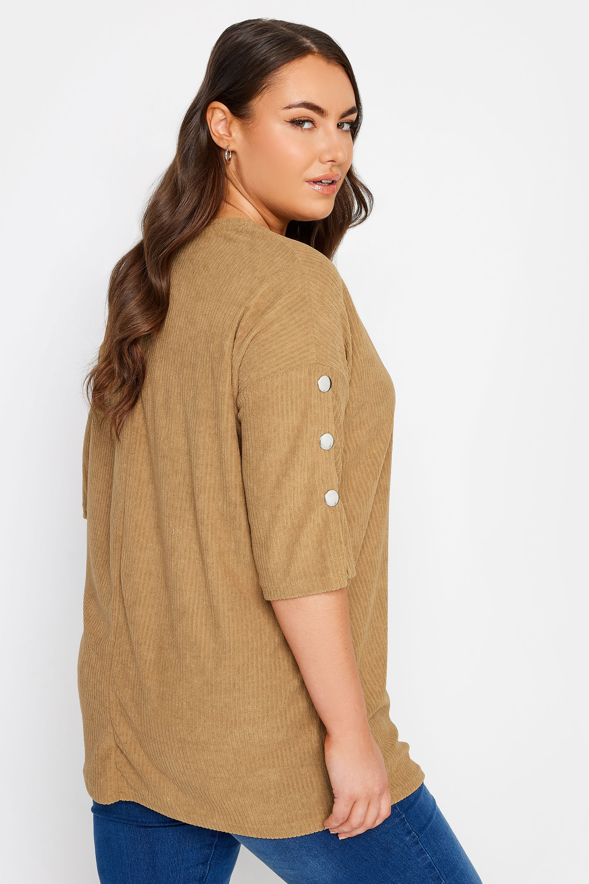 YOURS Plus Size Beige Brown Soft Touch Button Top | Yours Clothing 3