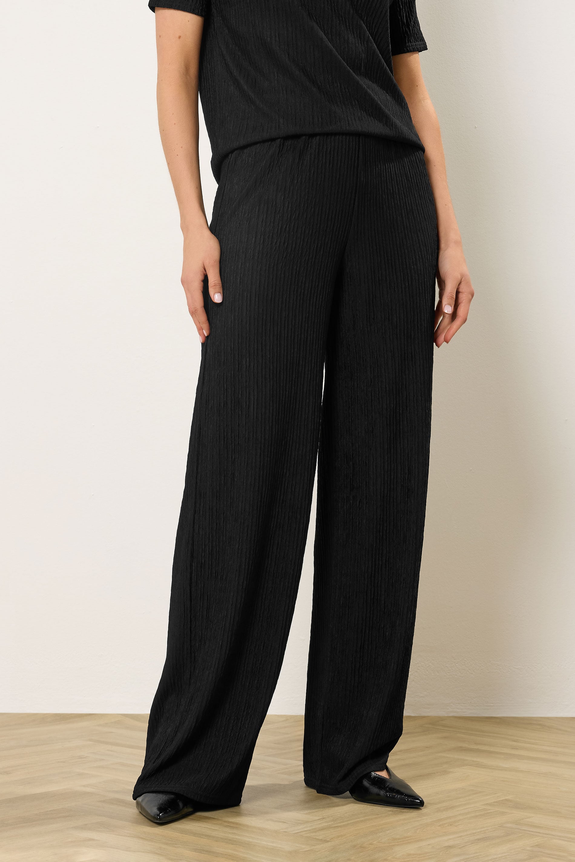 LTS Tall Black Textured Elasticated Waist Wide Leg Trousers | Long Tall Sally 1