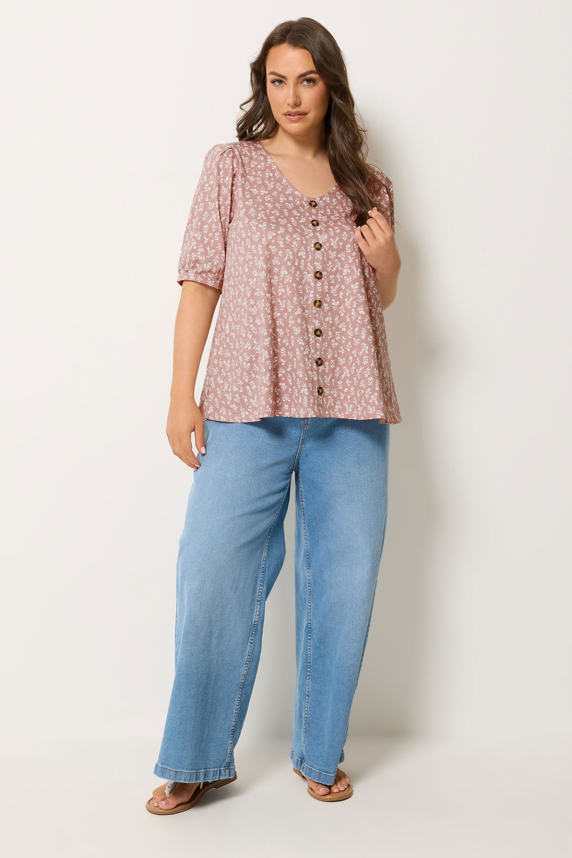 YOURS Plus Size Pink Floral Button Front Top | Yours Clothing 1