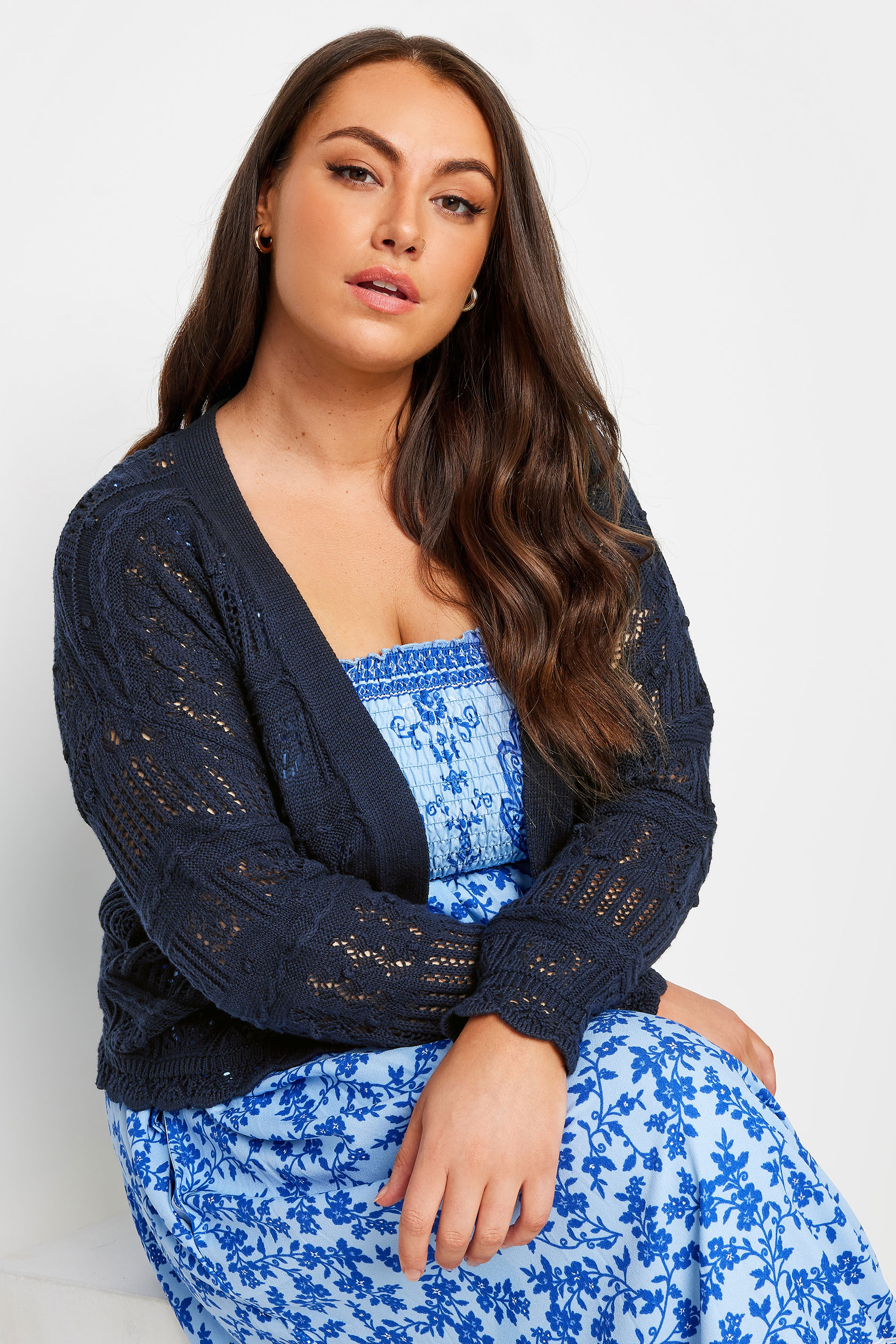 YOURS Plus Size Navy Blue Pure Cotton Cropped Pointelle Cardigan | Yours Clothing 1