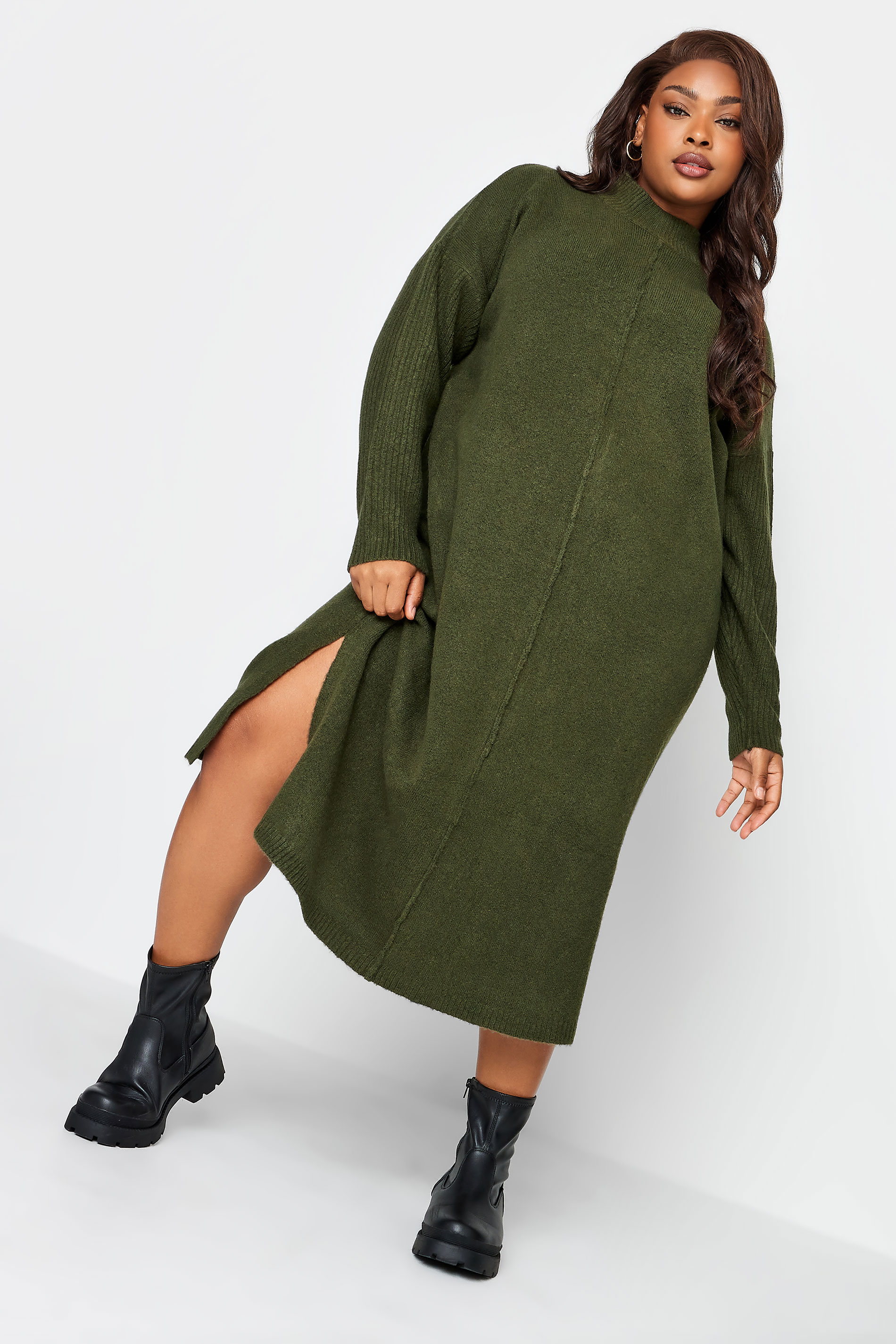YOURS Plus Size Khaki Green Front Seam Detail Jumper Dress | Yours Clothing 2