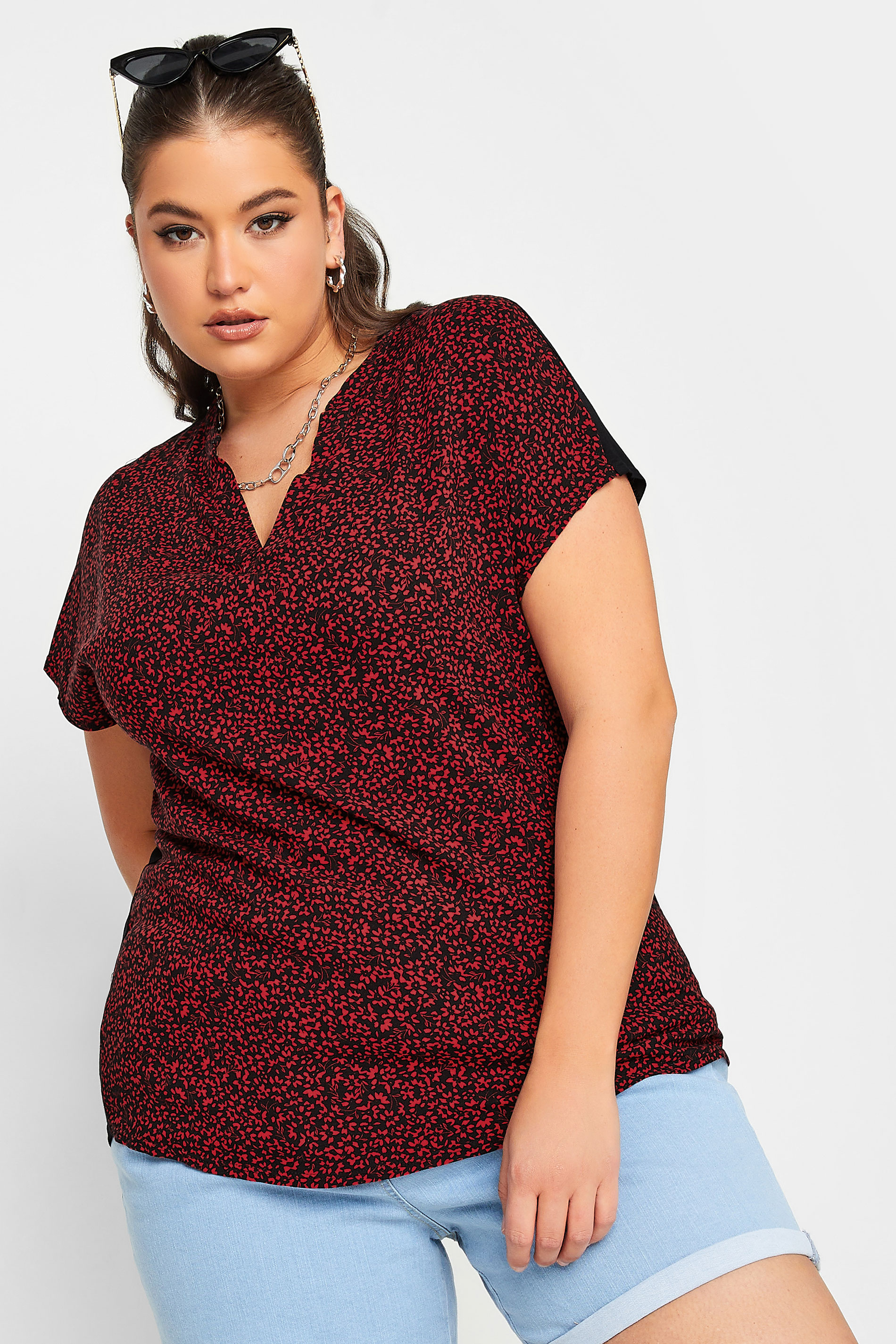 YOURS Curve Plus Size Burgundy Red Ditsy Floral Print Blouse | Yours Clothing  1