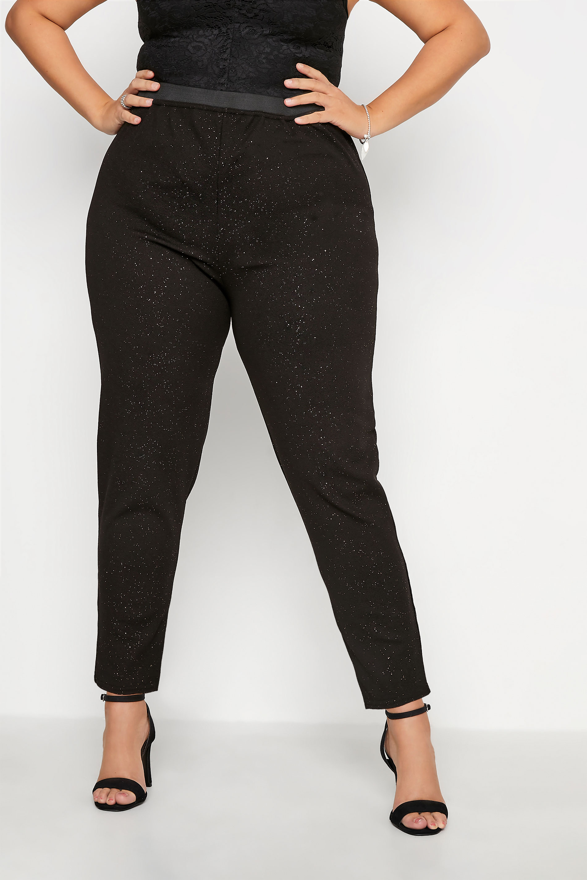 Plus Size YOURS LONDON Black & Gold Glitter Tapered Trousers | Yours Clothing 2