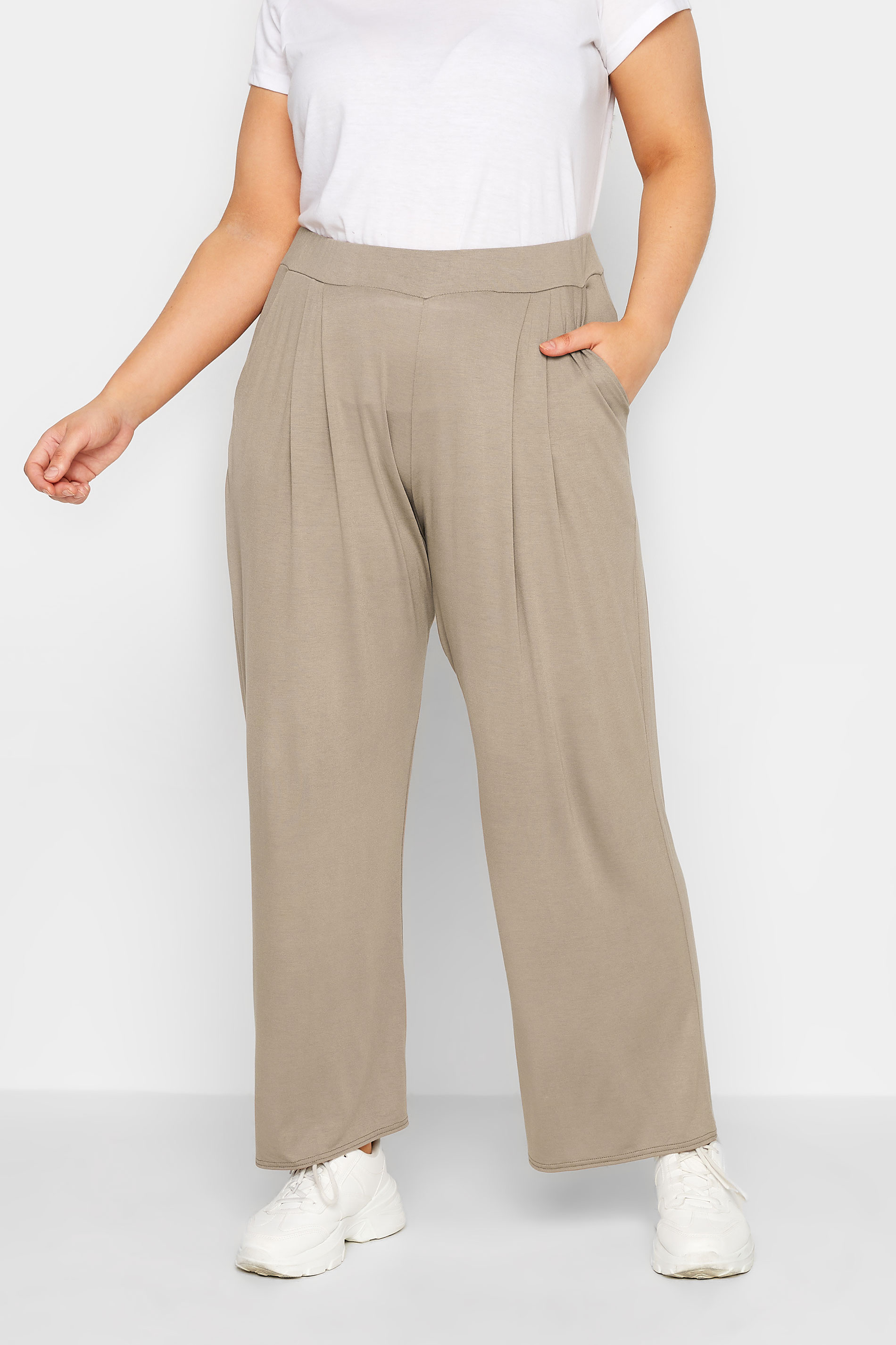 YOURS Plus Size Stone Brown Pleat Front Wide Leg Trousers | Yours Clothing 1