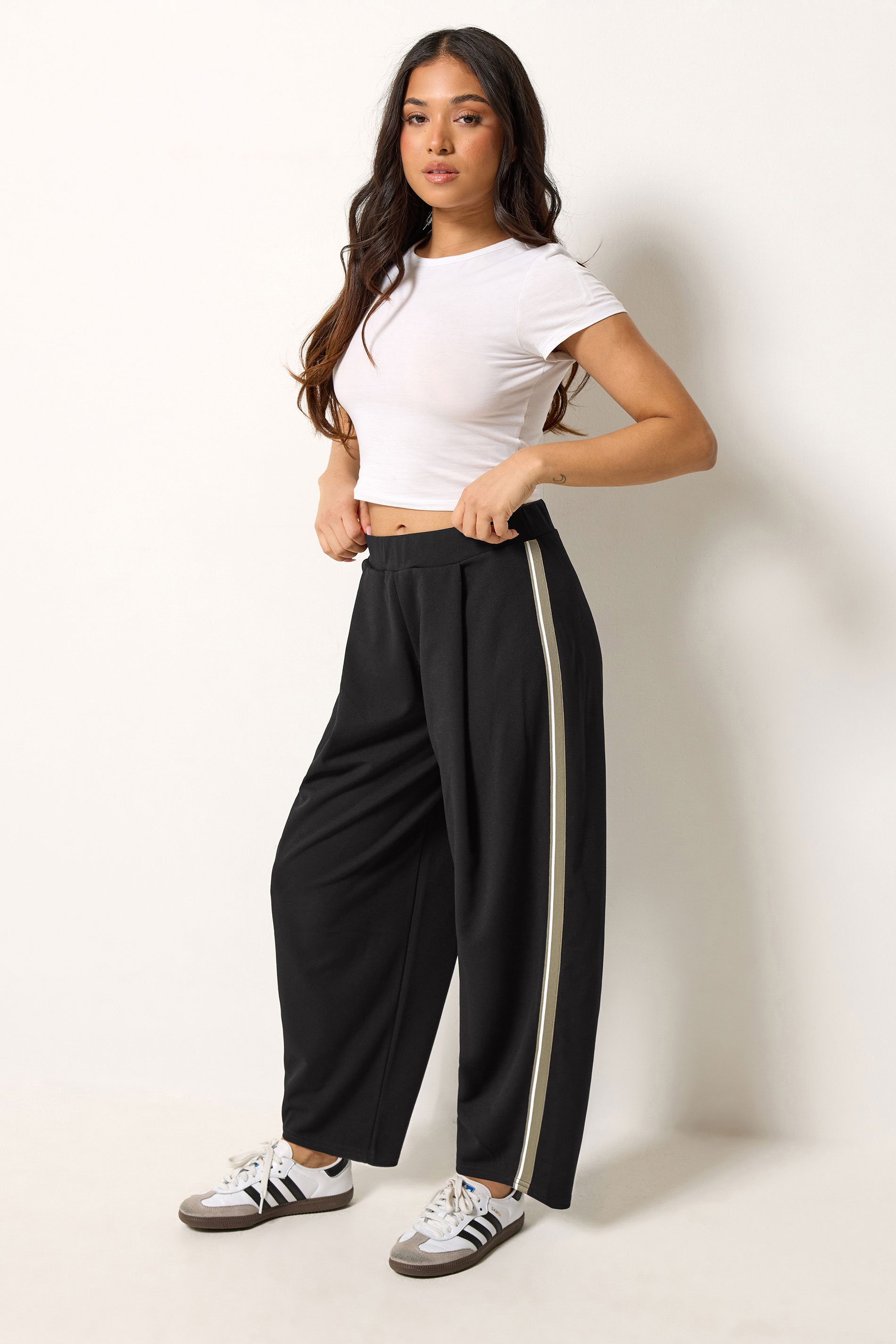 PixieGirl Petite Women's Black Side Stripe Detail Barrel Leg Trousers | PixieGirl 3