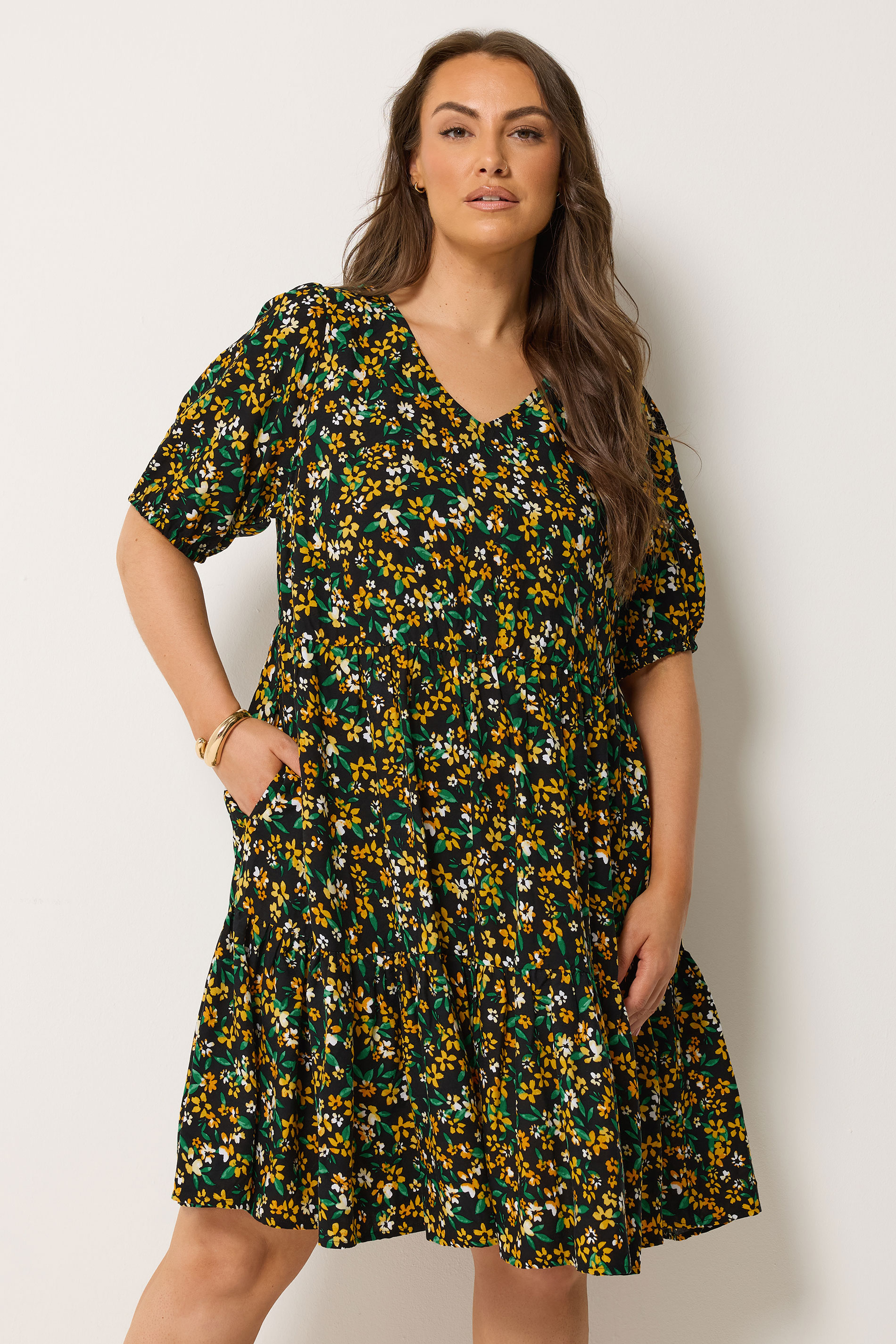 YOURS Plus Size Black Floral Tiered Mini Smock Dress | Yours Clothing 3