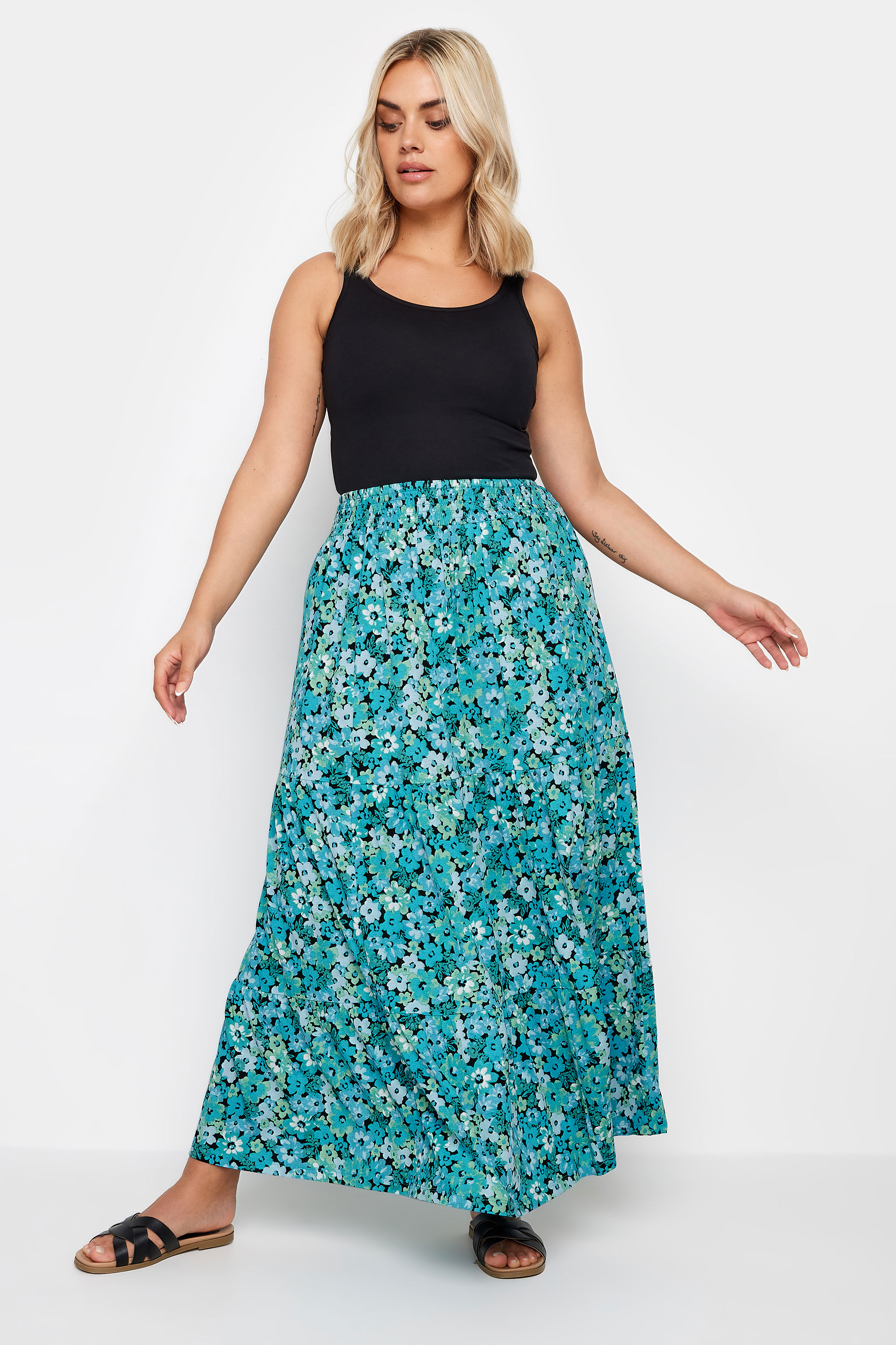 YOURS Plus Size Blue Floral Print Textured Tiered Maxi Skirt | Yours Clothing 2