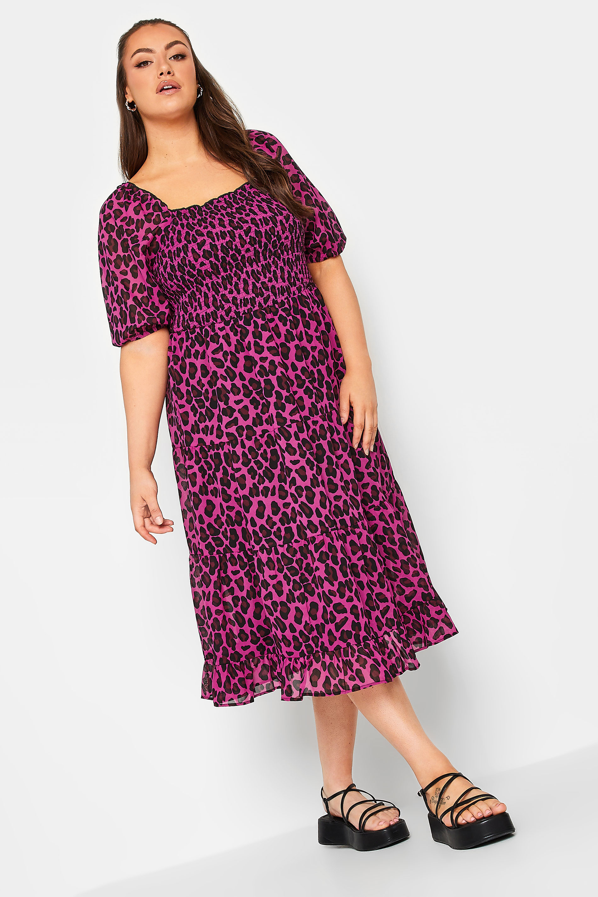 YOURS Curve Plus Size Hot Pink Leopard Print Midi Shirred Dress | Yours Clothing  2
