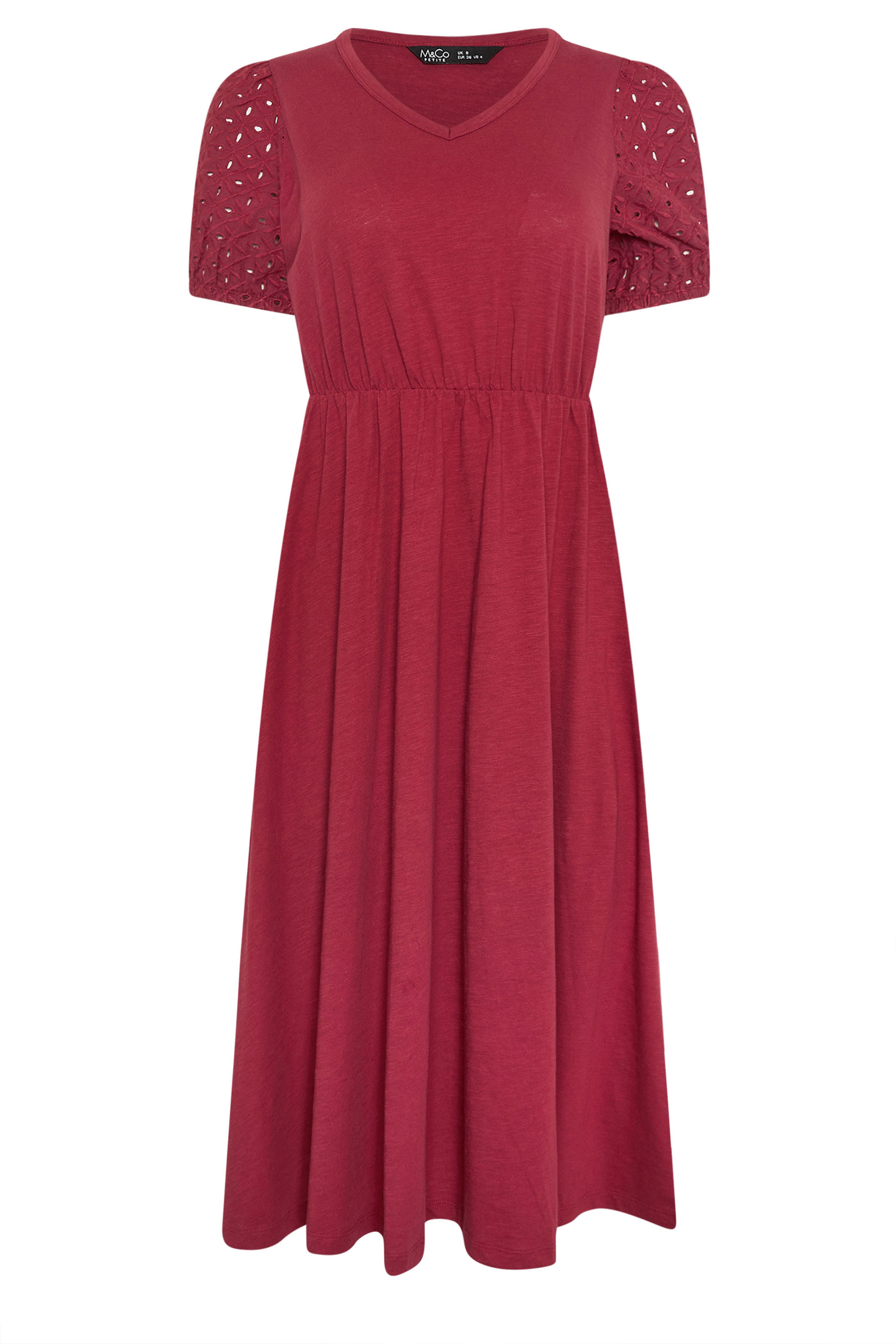 M&Co Petite Berry Red Broderie Sleeve Cotton Midi Dress | M&Co 5