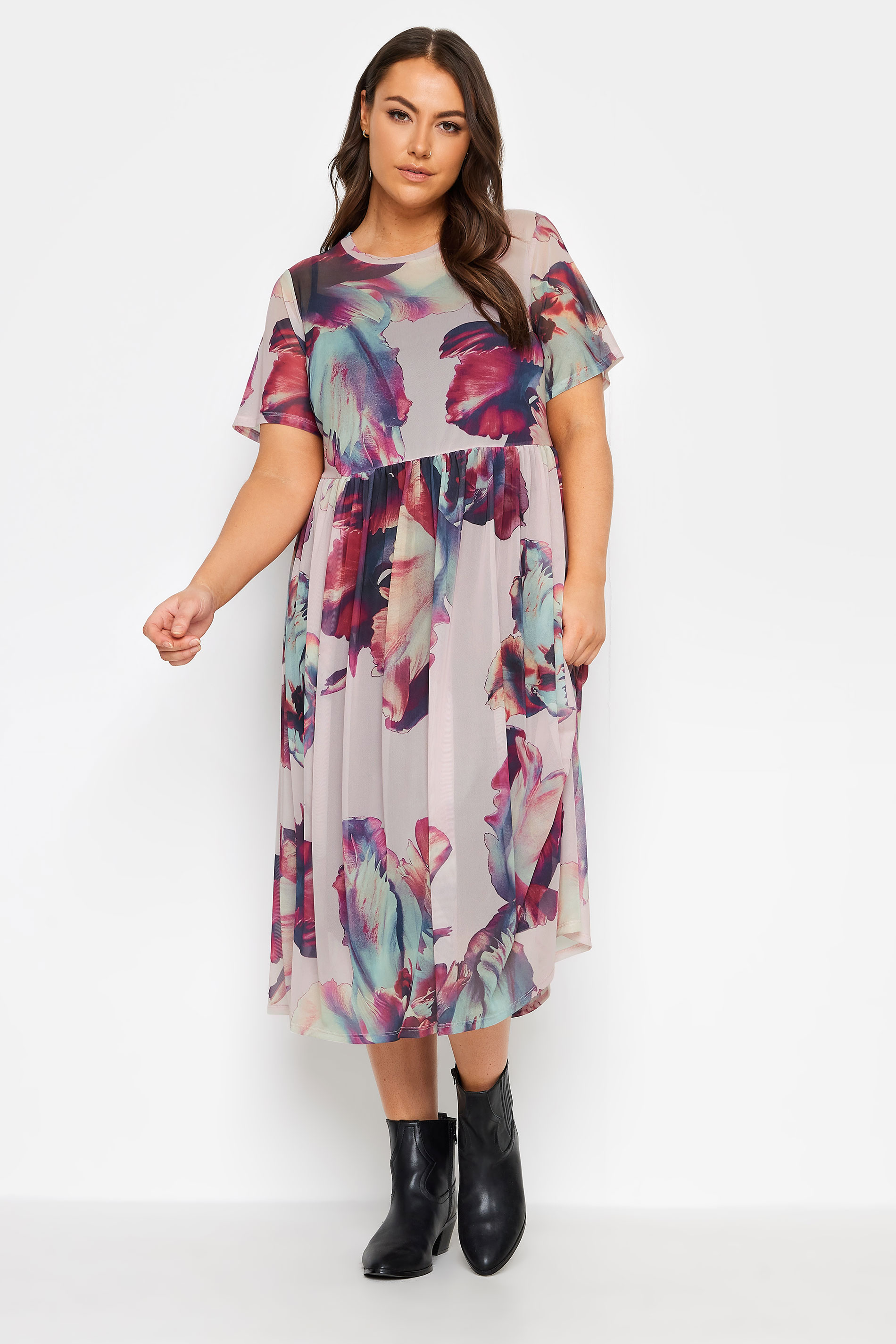 YOURS Plus Size Pink Abstract Floral Print Mesh Smock Dress | Yours Clothing 2