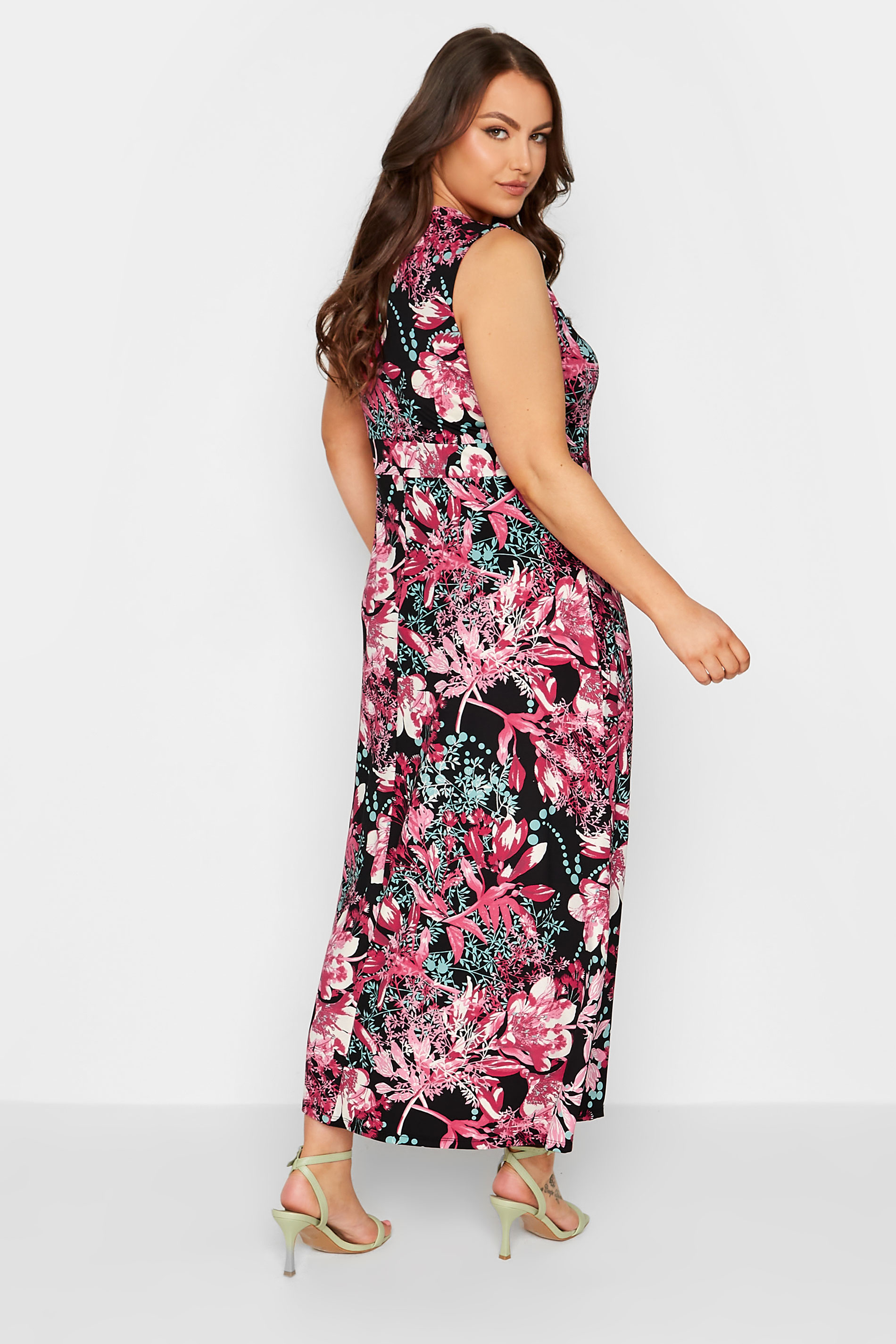 YOURS Plus Size Black & Pink Floral Print Wrap Maxi Dress | Yours Clothing 3